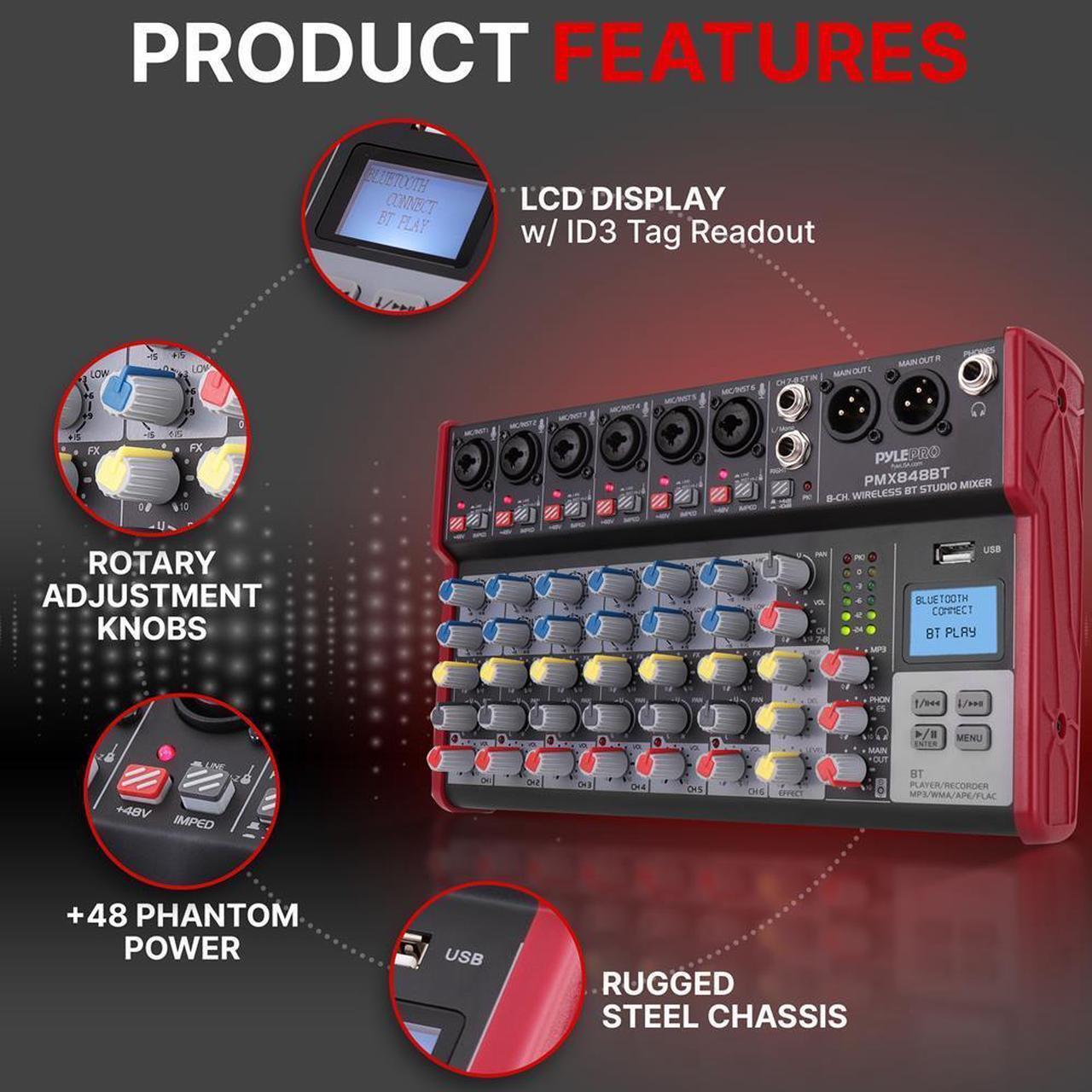 Alt view image 3 of 7 - Pyle 8-Channel Bluetooth Studio Mixer - Pro Audio DJ Console with +48V Phantom Power - PMX848BT