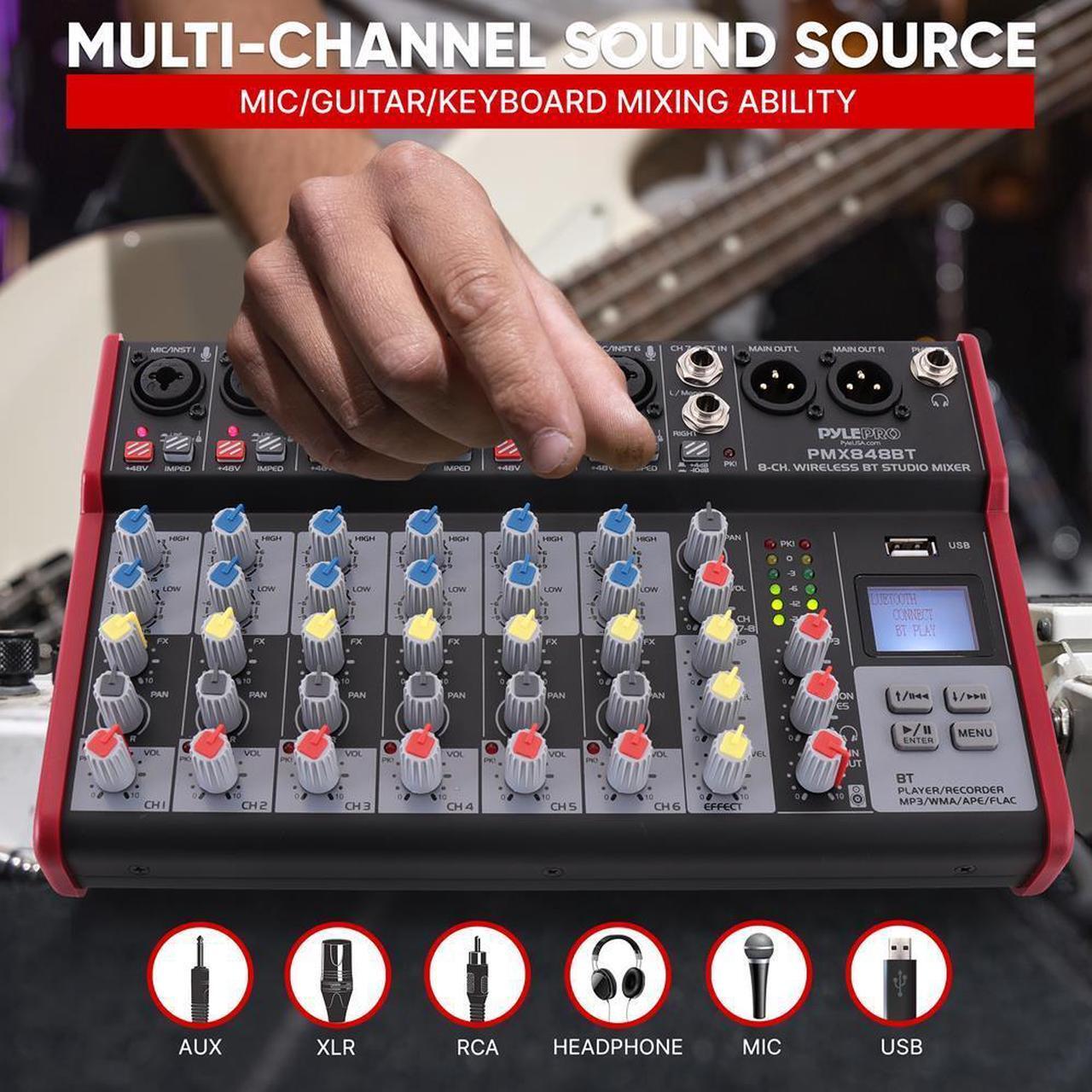 Alt view image 4 of 7 - Pyle 8-Channel Bluetooth Studio Mixer - Pro Audio DJ Console with +48V Phantom Power - PMX848BT