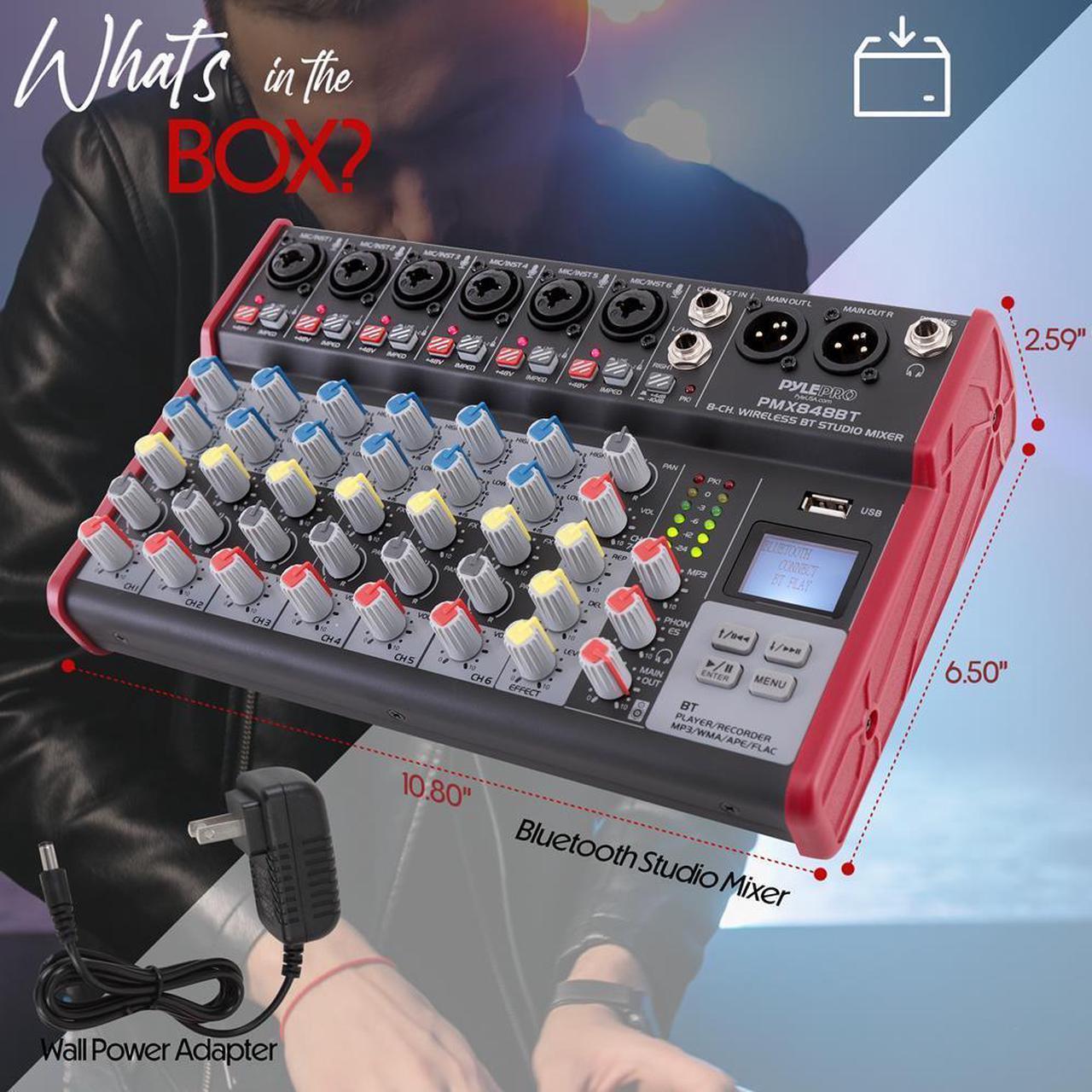 Alt view image 5 of 7 - Pyle 8-Channel Bluetooth Studio Mixer - Pro Audio DJ Console with +48V Phantom Power - PMX848BT