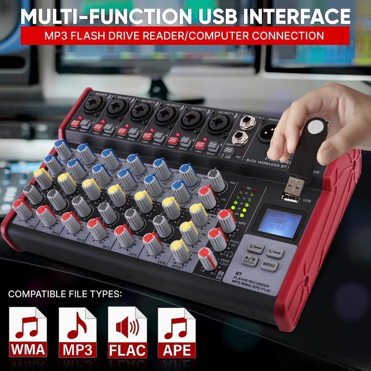 Alt view image 2 of 7 - Pyle 8-Channel Bluetooth Studio Mixer - Pro Audio DJ Console with +48V Phantom Power - PMX848BT