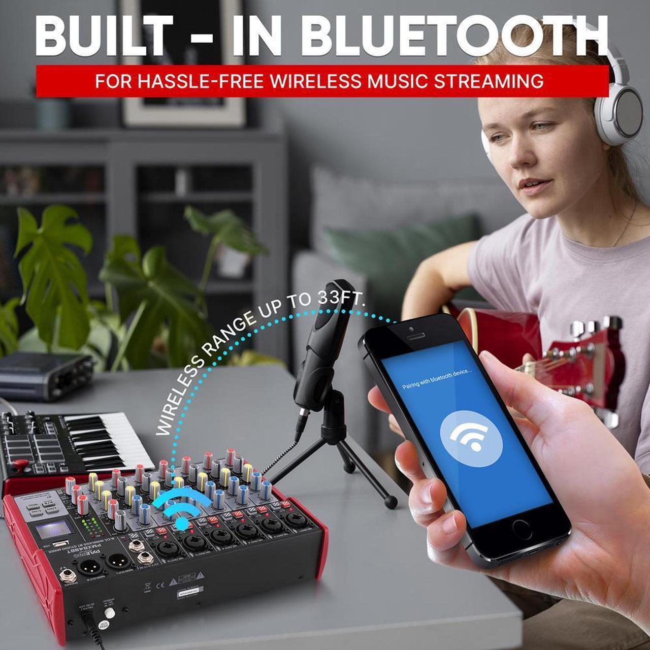 Alt view image 7 of 7 - Pyle 8-Channel Bluetooth Studio Mixer - Pro Audio DJ Console with +48V Phantom Power - PMX848BT