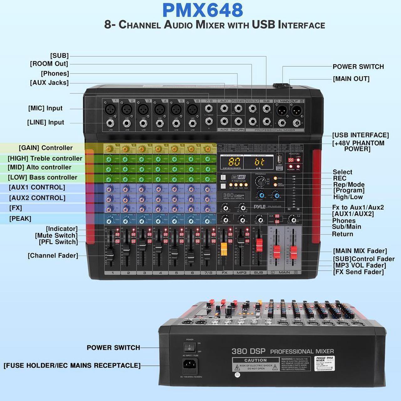 Alt view image 5 of 7 - Pyle 8-Channel Wireless Bluetooth Audio Mixer - Recording Interface, Built-in FX, 6 XLR Inputs, MP3 Player - PMX648