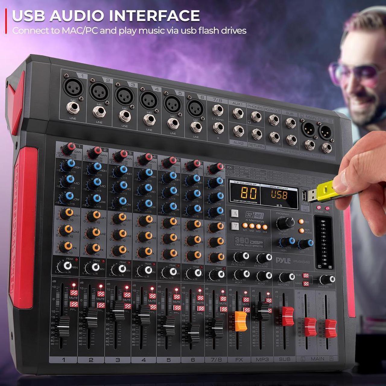 Alt view image 3 of 7 - Pyle 8-Channel Wireless Bluetooth Audio Mixer - Recording Interface, Built-in FX, 6 XLR Inputs, MP3 Player - PMX648