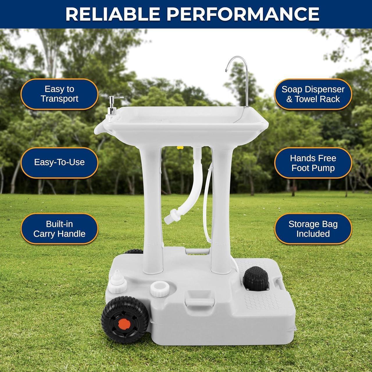 Alt view image 7 of 7 - SereneLife Portable Handwash Sink - Mobile Foot-Pump Water Faucet Washing Station, 7+ Gal. Capacity, Includes Soap Dispenser & Drain Hose