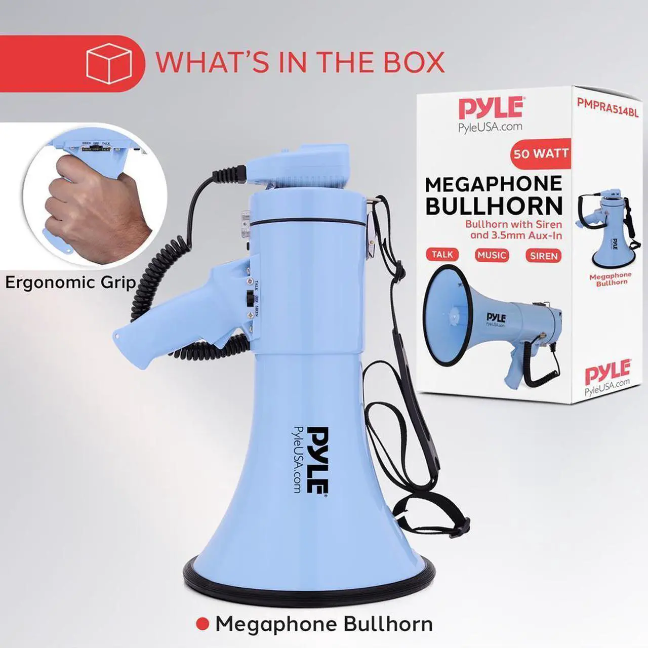 Alt view image 5 of 7 - Pyle PMPRA514BL Portable Speaker Bullhorn Megaphone with Siren, 50-Watt, Aux Input, Blue