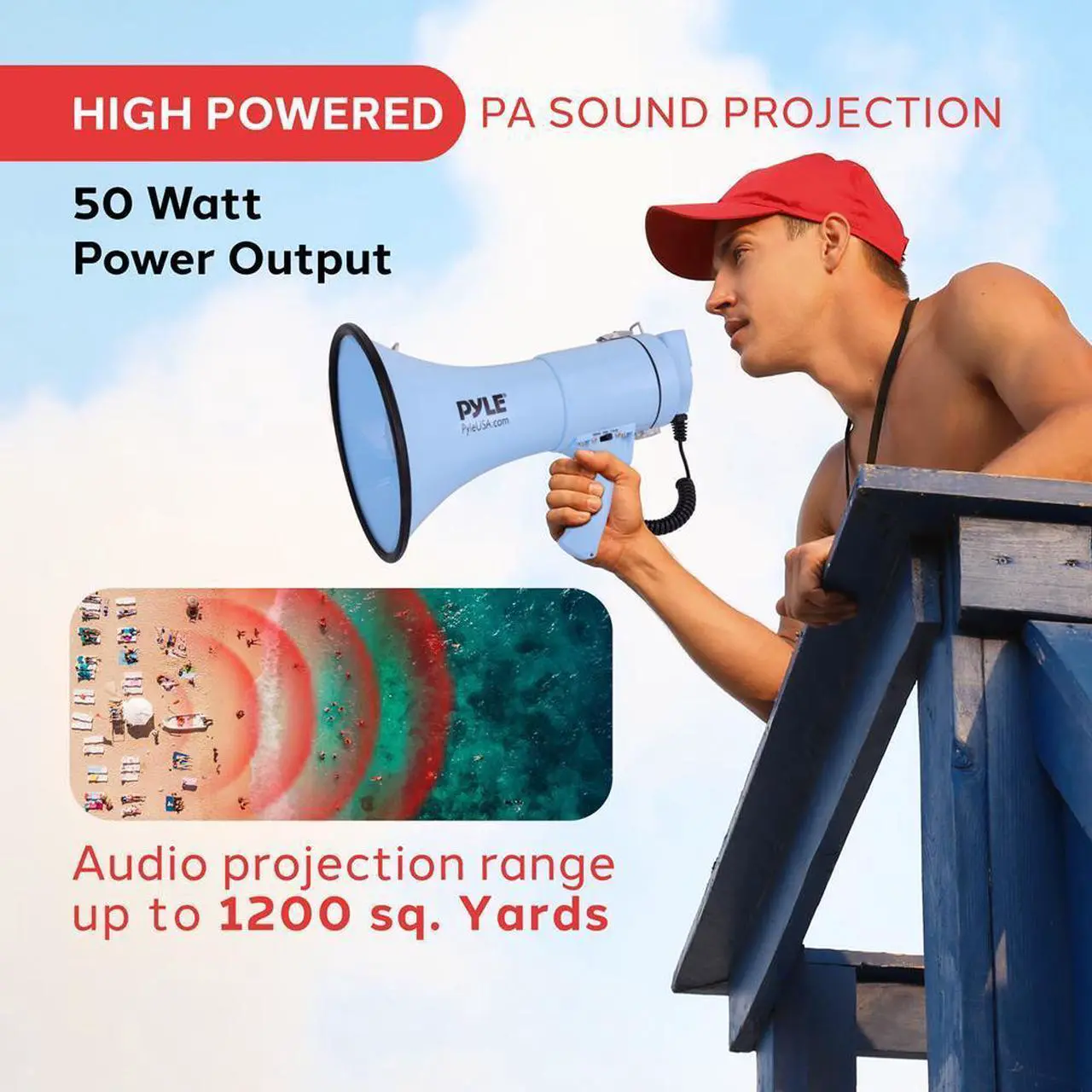 Alt view image 6 of 7 - Pyle PMPRA514BL Portable Speaker Bullhorn Megaphone with Siren, 50-Watt, Aux Input, Blue
