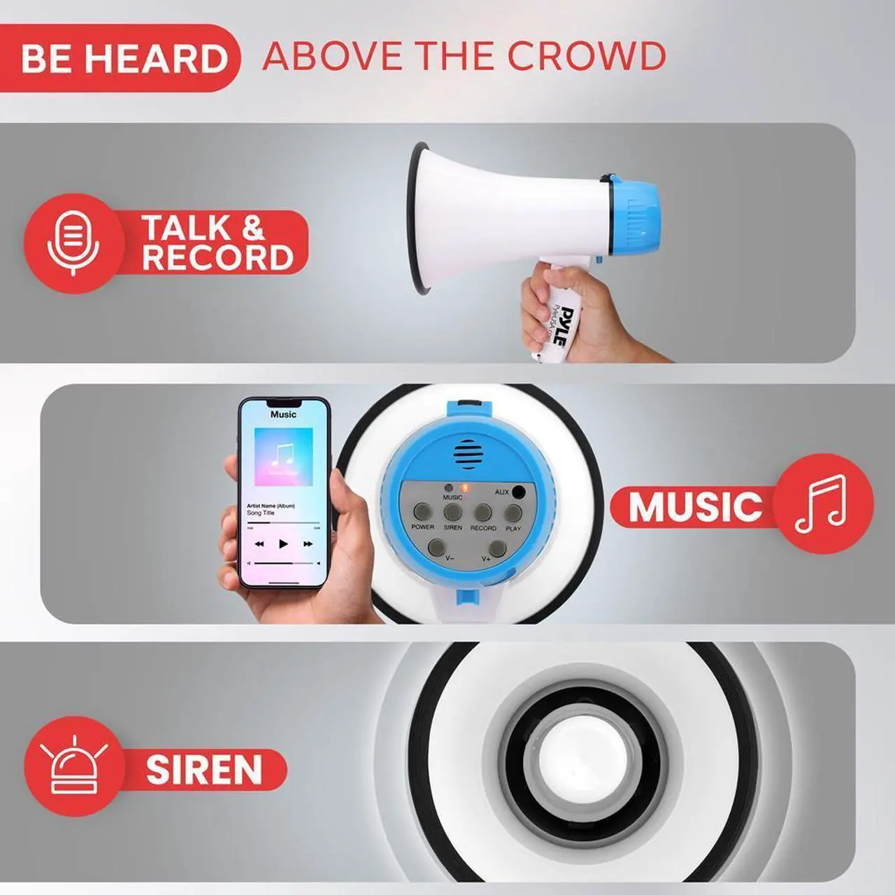 Alt view image 4 of 7 - Pyle PMPRA214WHI Portable Speaker Bullhorn Megaphone with Siren, 20-Watt, Aux Input, White