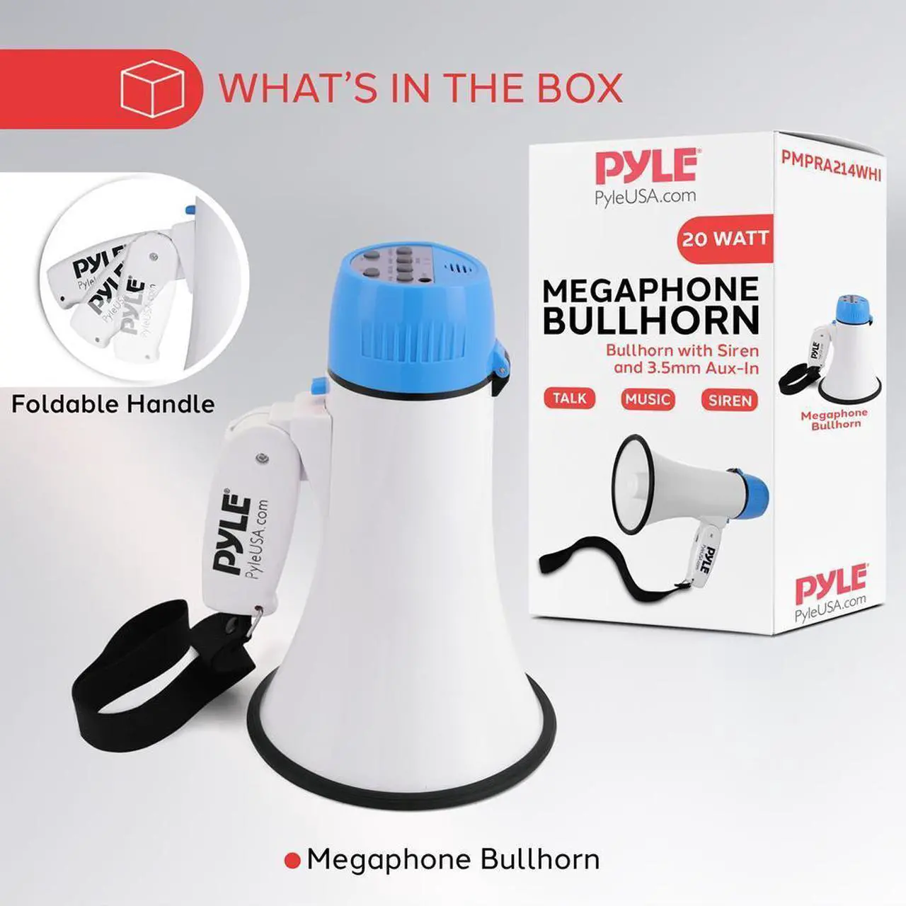 Alt view image 3 of 7 - Pyle PMPRA214WHI Portable Speaker Bullhorn Megaphone with Siren, 20-Watt, Aux Input, White