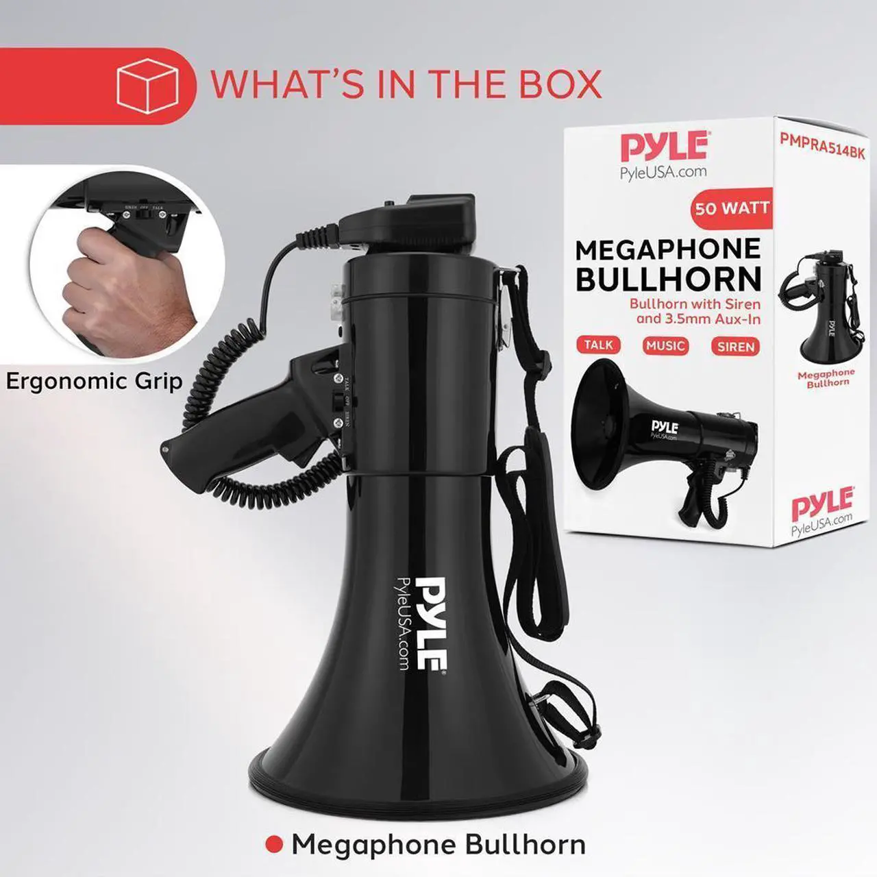 Alt view image 5 of 7 - Pyle PMPRA514BK Portable Speaker Bullhorn Megaphone with Siren, 50-Watt, Aux Input, Handheld Mic, Black