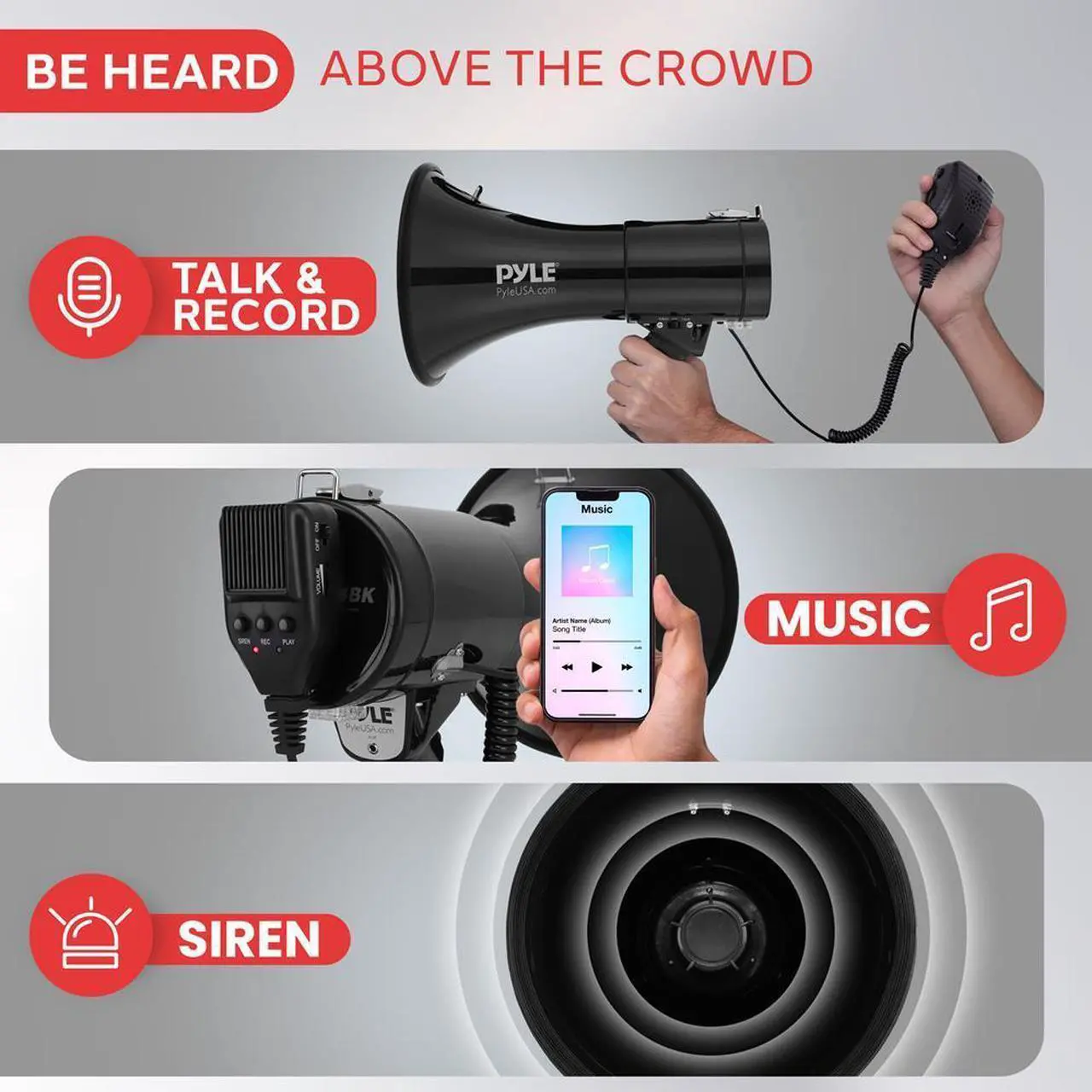 Alt view image 3 of 7 - Pyle PMPRA514BK Portable Speaker Bullhorn Megaphone with Siren, 50-Watt, Aux Input, Handheld Mic, Black