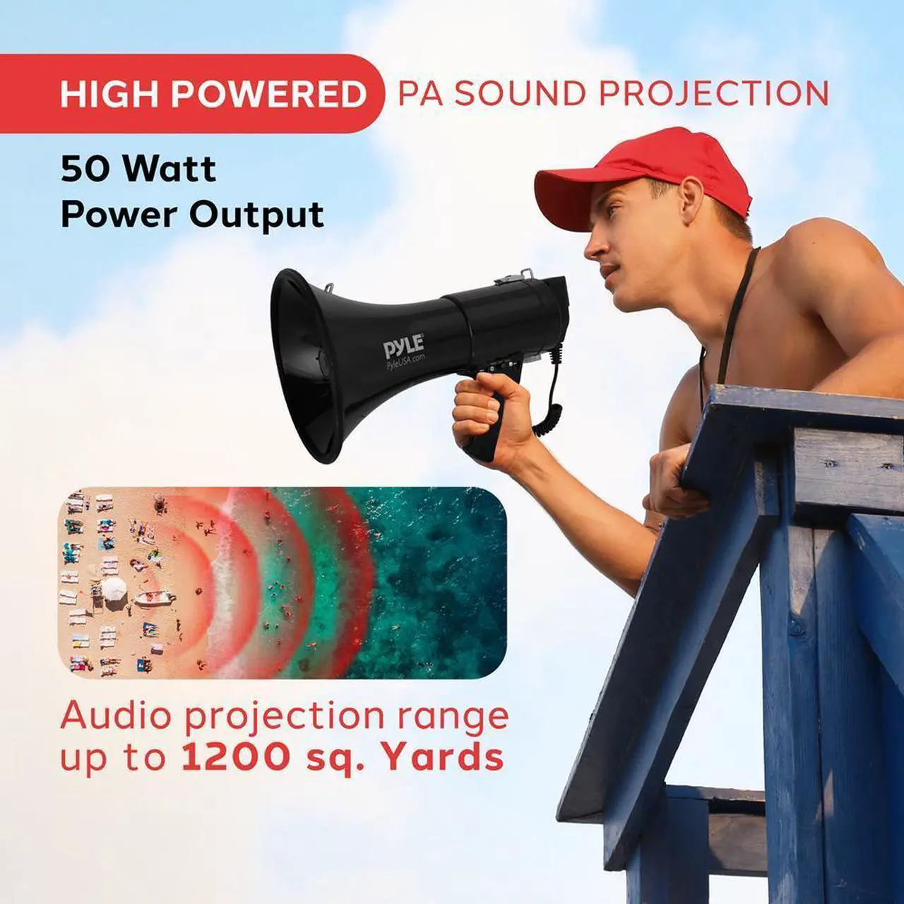 Alt view image 7 of 7 - Pyle PMPRA514BK Portable Speaker Bullhorn Megaphone with Siren, 50-Watt, Aux Input, Handheld Mic, Black