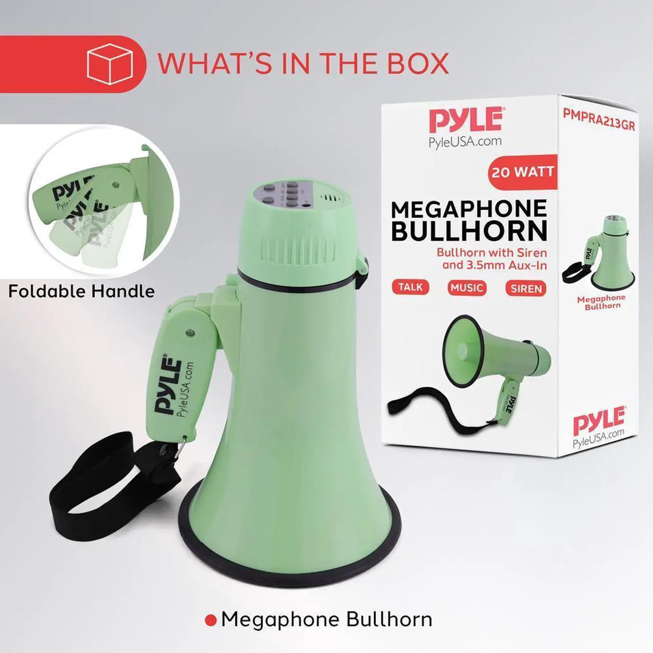 Alt view image 2 of 7 - Pyle PMPRA213GR Portable Speaker Bullhorn Megaphone with Siren, 20-Watt, Aux Input, Green