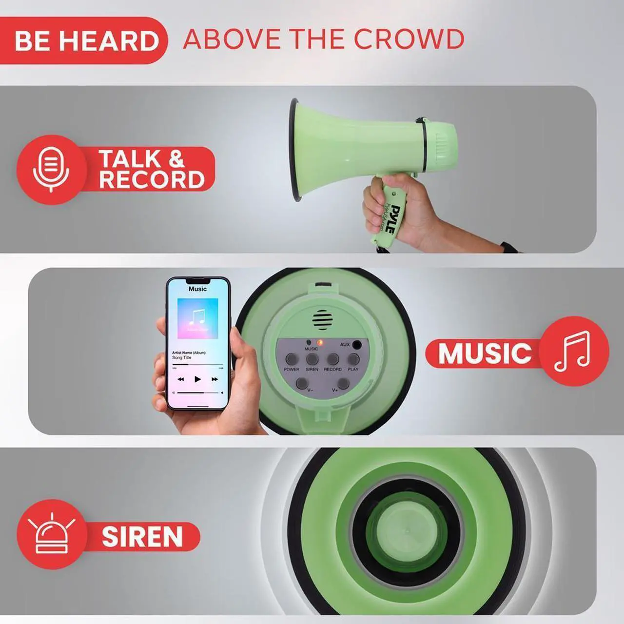 Alt view image 3 of 7 - Pyle PMPRA213GR Portable Speaker Bullhorn Megaphone with Siren, 20-Watt, Aux Input, Green