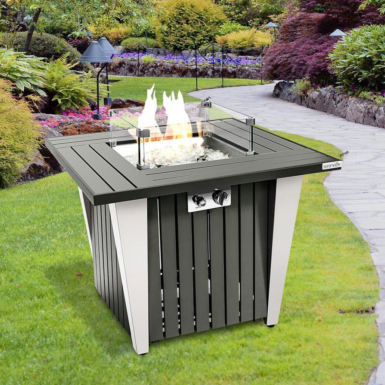 Alt view image 2 of 7 - SereneLife 50,000 BTU Propane Gas Fire Pit Table - SLNFRE27 - Stainless Steel Lid & Legs