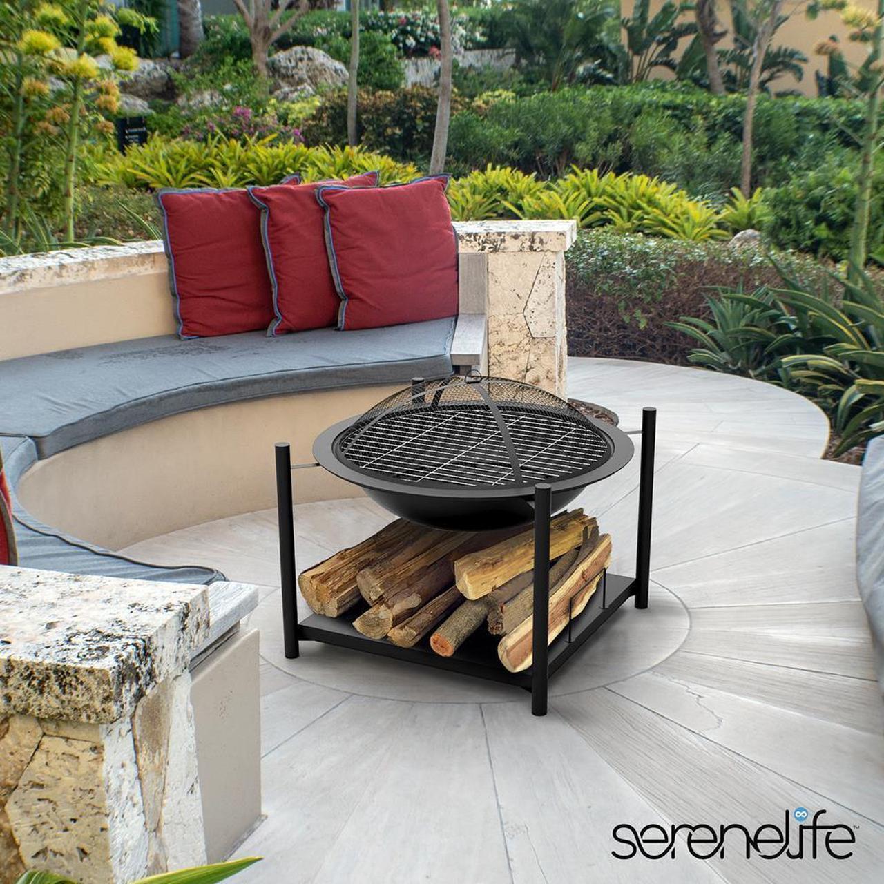 Alt view image 5 of 7 - SereneLife Outdoor Wood Fire Pit - 26" Steel BBQ Grill Fire Pit with Mesh Spark Screen, Log Grate, Poker & Wood Storage Shelf