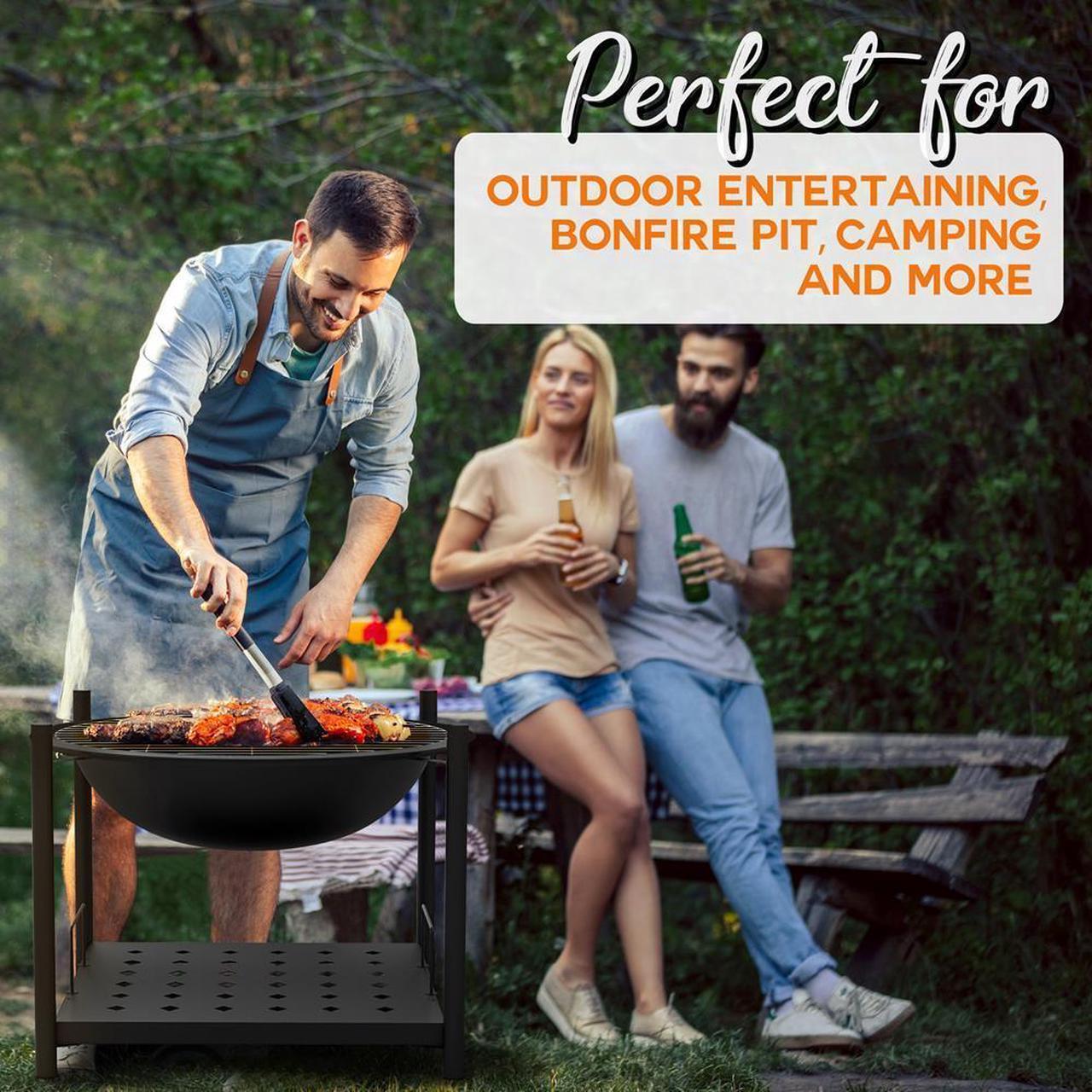 Alt view image 2 of 7 - SereneLife Outdoor Wood Fire Pit - 26" Steel BBQ Grill Fire Pit with Mesh Spark Screen, Log Grate, Poker & Wood Storage Shelf