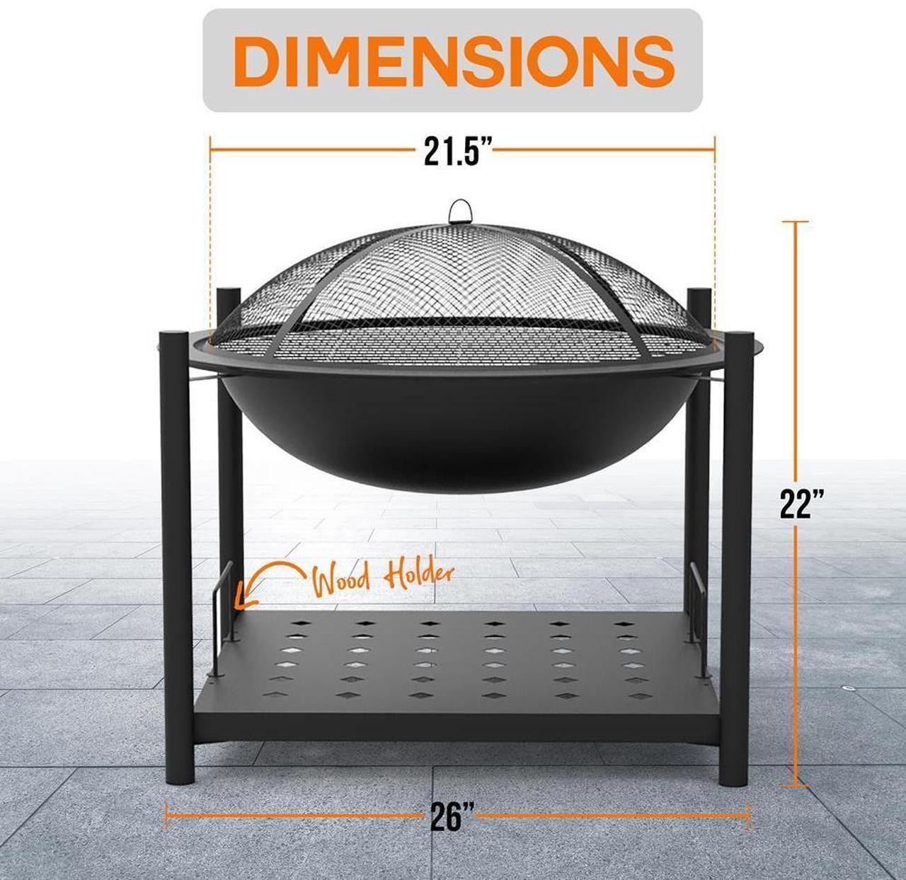 Alt view image 3 of 7 - SereneLife Outdoor Wood Fire Pit - 26" Steel BBQ Grill Fire Pit with Mesh Spark Screen, Log Grate, Poker & Wood Storage Shelf