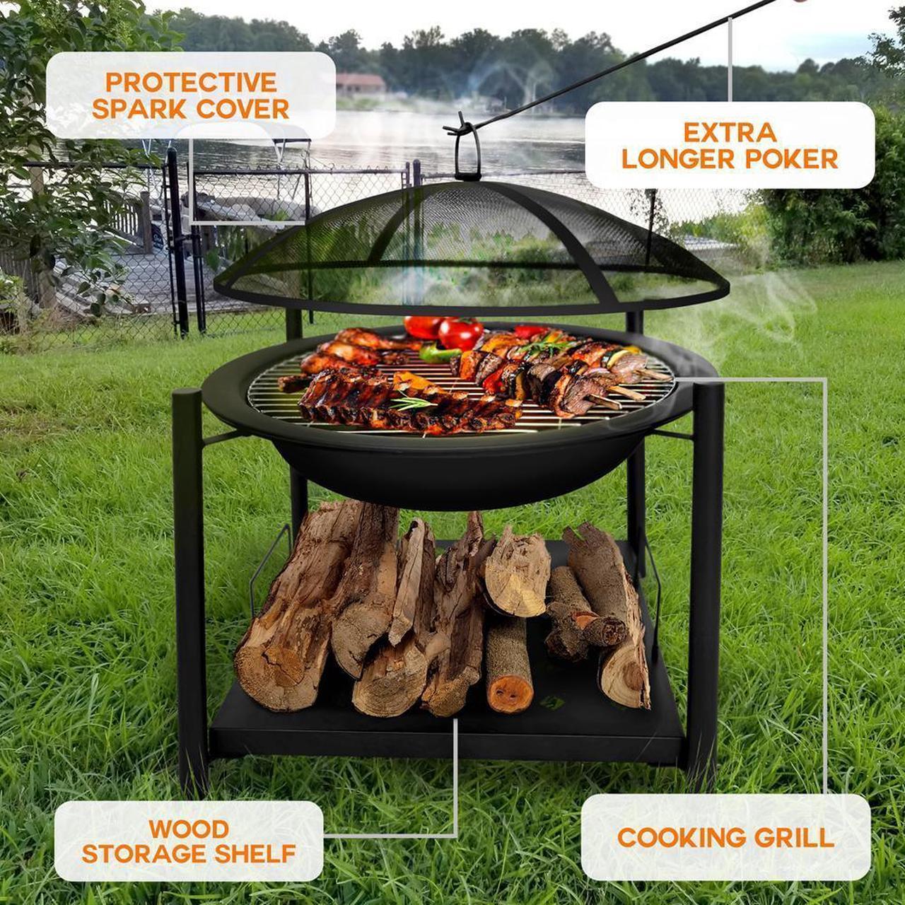 Alt view image 7 of 7 - SereneLife Outdoor Wood Fire Pit - 26" Steel BBQ Grill Fire Pit with Mesh Spark Screen, Log Grate, Poker & Wood Storage Shelf