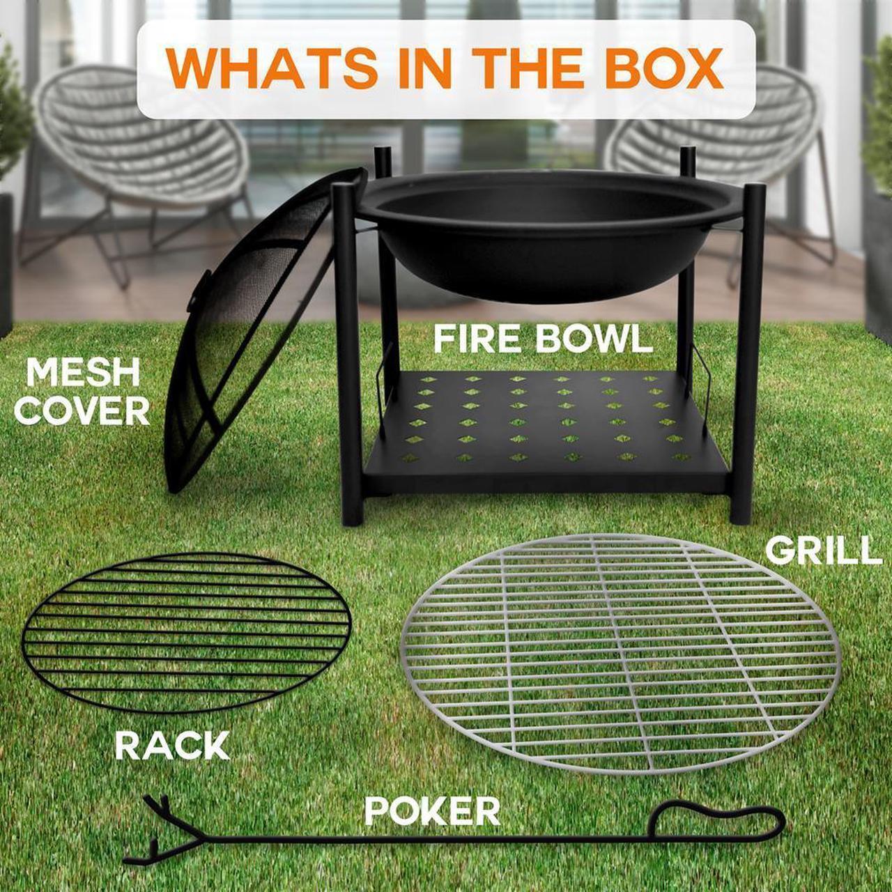 Alt view image 6 of 7 - SereneLife Outdoor Wood Fire Pit - 26" Steel BBQ Grill Fire Pit with Mesh Spark Screen, Log Grate, Poker & Wood Storage Shelf