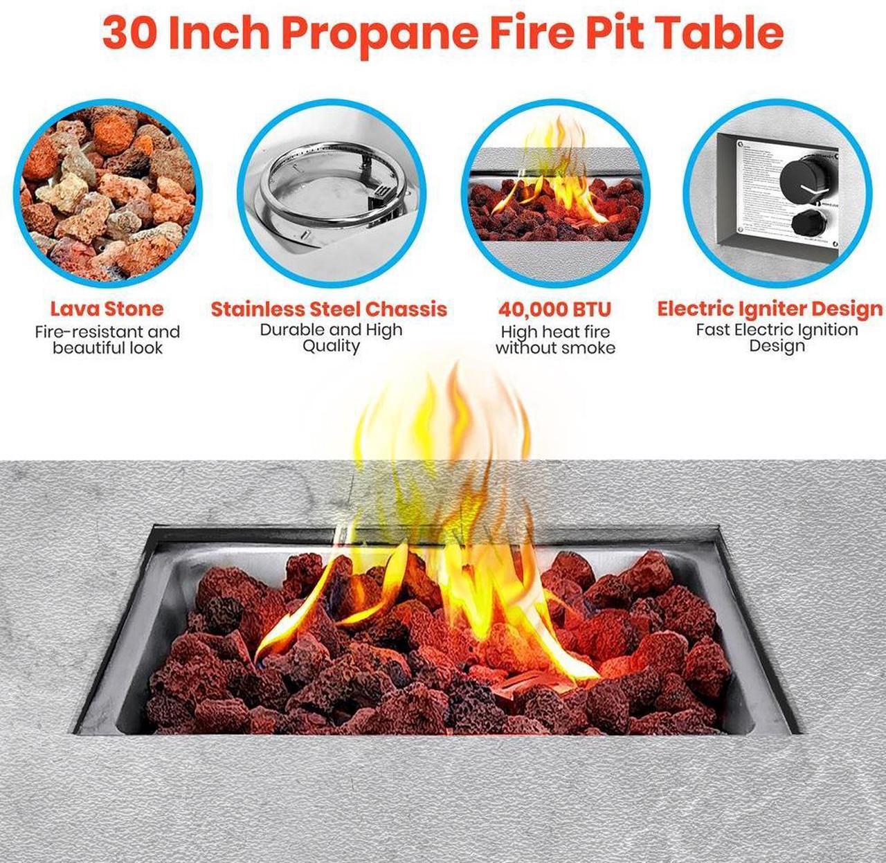 Alt view image 4 of 7 - SereneLife 40,000 BTU Propane Gas Fire Pit Table - Square, Stainless Steel Burner, Lava Rock Set, with PVC Cover for Outdoor Use