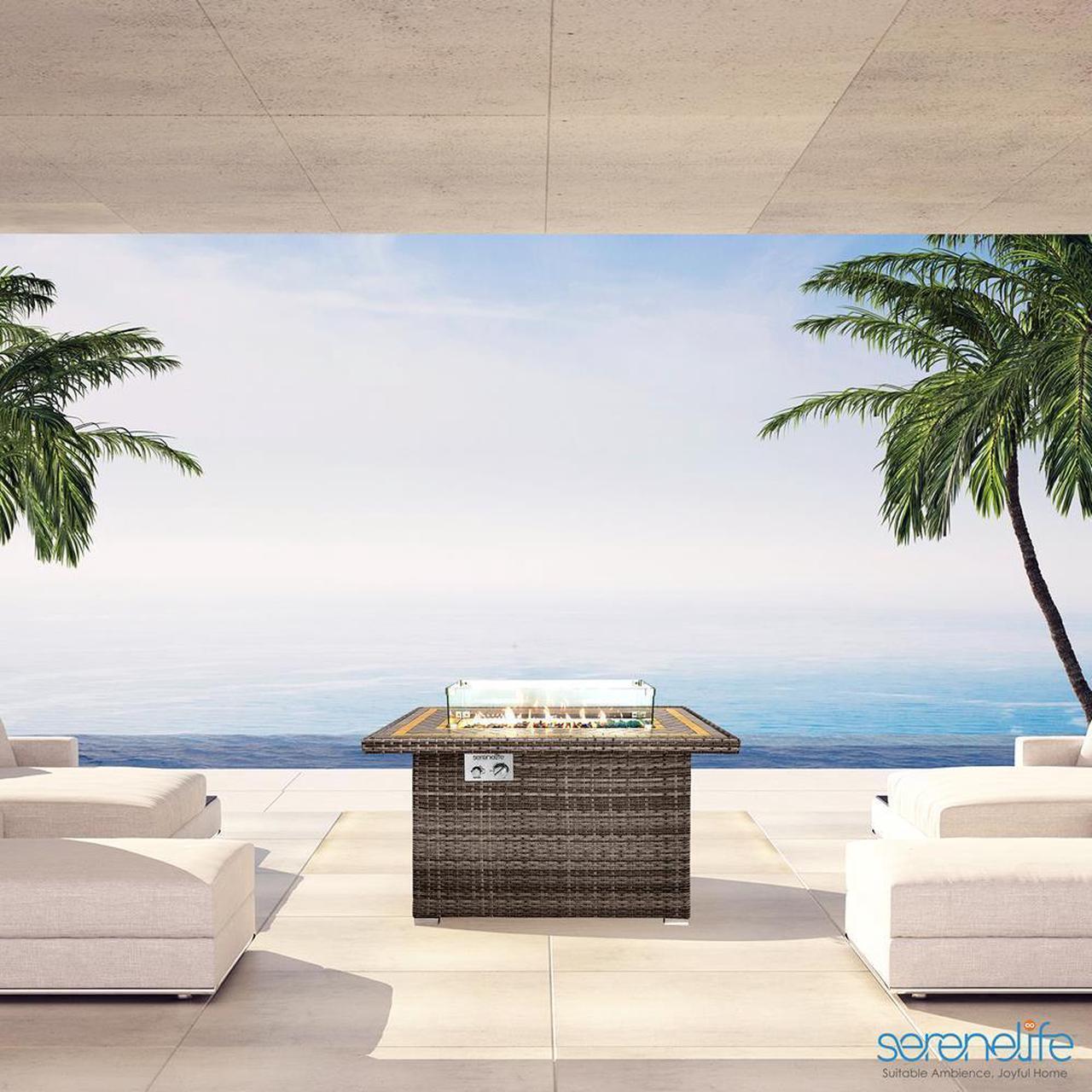 Alt view image 7 of 7 - SereneLife 50,000 BTU Outdoor Propane Gas Fire Pit Table - Rectangle Wicker Base with Tile Tabletop, Glass Wind Guard & Blue Glass Rocks