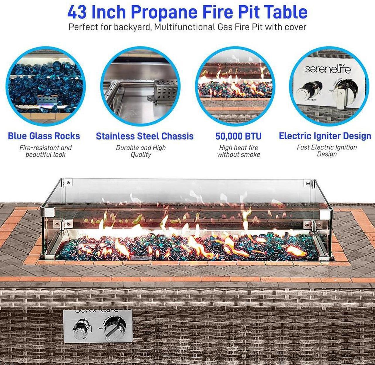 Alt view image 3 of 7 - SereneLife 50,000 BTU Outdoor Propane Gas Fire Pit Table - Rectangle Wicker Base with Tile Tabletop, Glass Wind Guard & Blue Glass Rocks