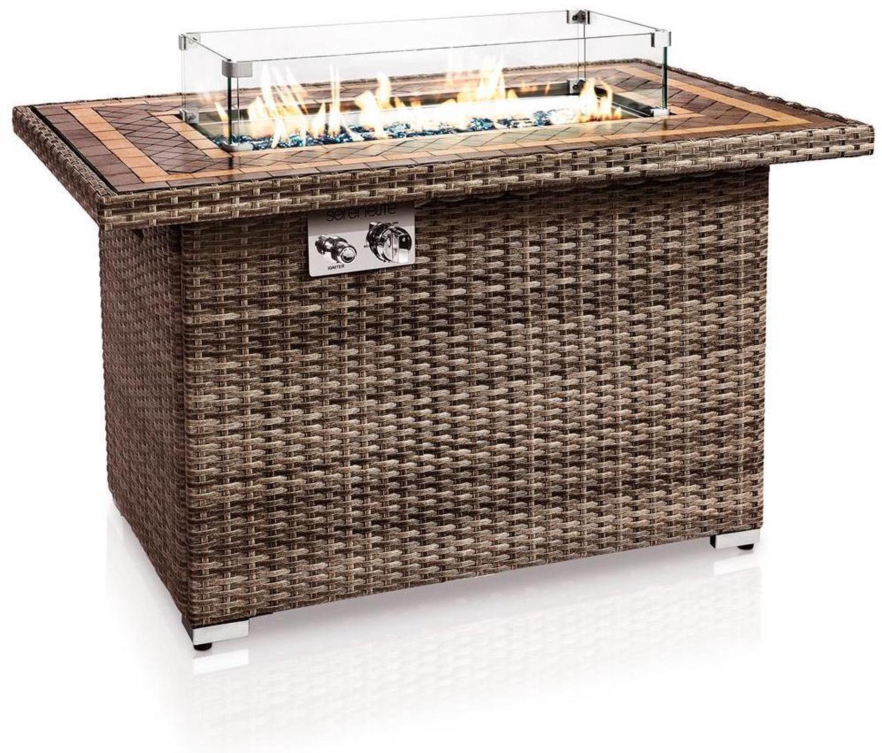 Main image of SereneLife 50,000 BTU Outdoor Propane Gas Fire Pit Table - Rectangle Wicker Base with Tile Tabletop, Glass Wind Guard & Blue Glass Rocks