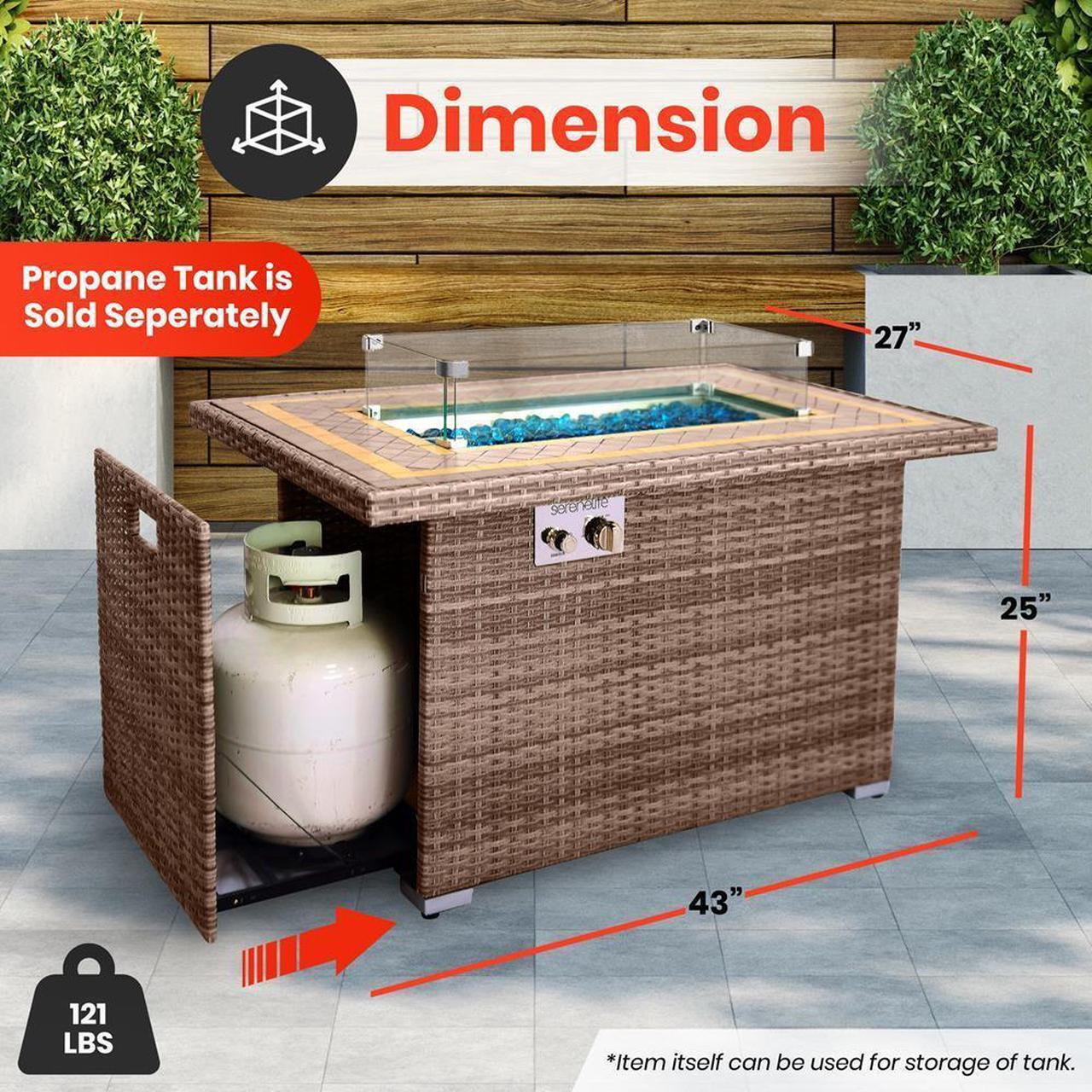 Alt view image 5 of 7 - SereneLife 50,000 BTU Outdoor Propane Gas Fire Pit Table - Rectangle Wicker Base with Tile Tabletop, Glass Wind Guard & Blue Glass Rocks