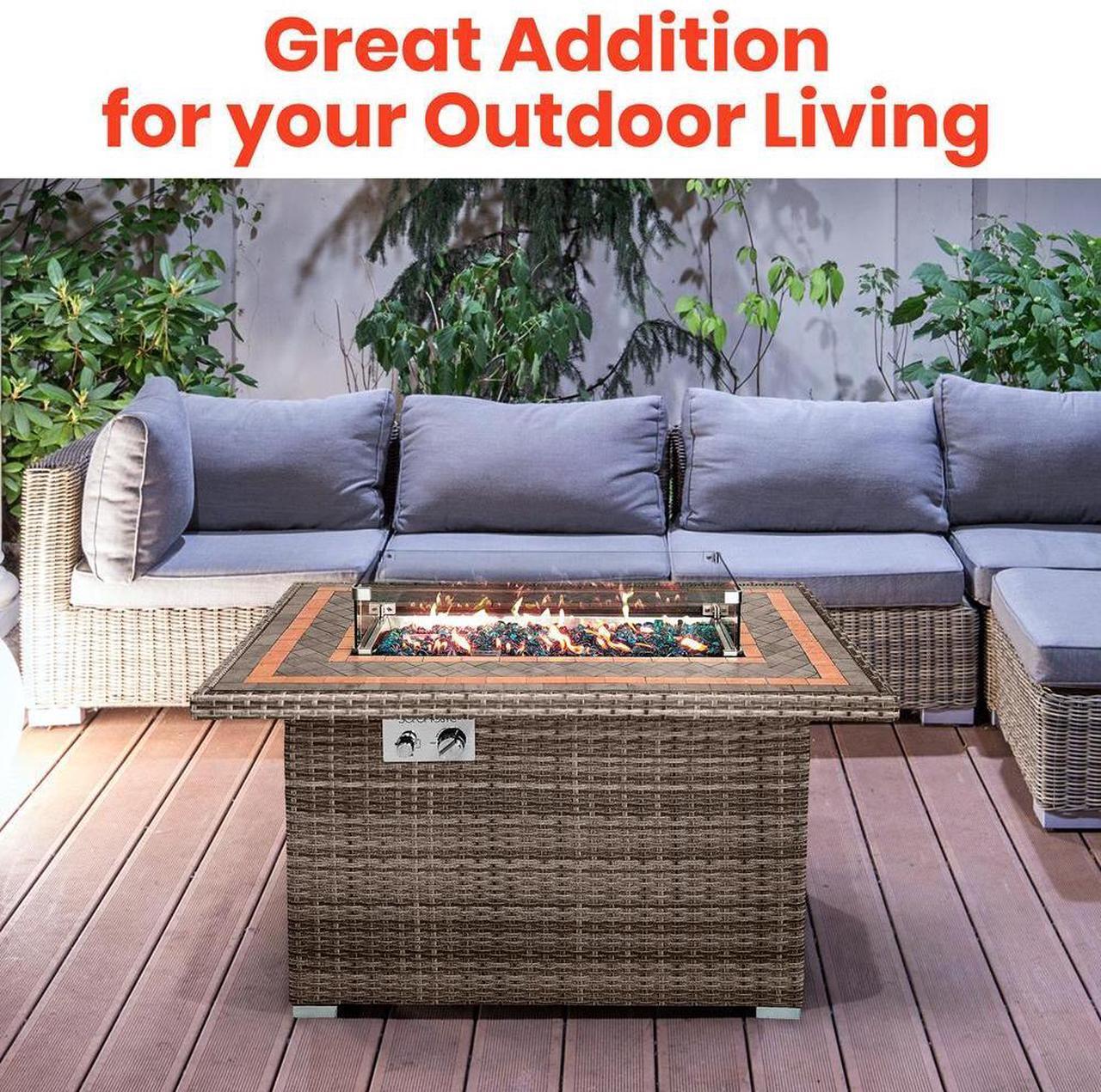 Alt view image 2 of 7 - SereneLife 50,000 BTU Outdoor Propane Gas Fire Pit Table - Rectangle Wicker Base with Tile Tabletop, Glass Wind Guard & Blue Glass Rocks