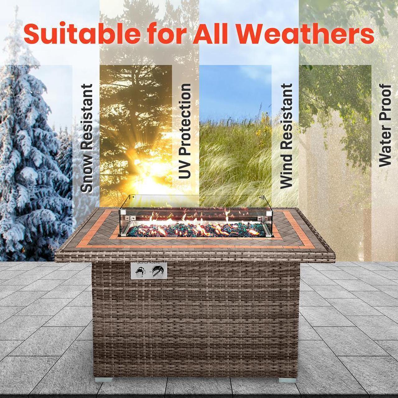 Alt view image 4 of 7 - SereneLife 50,000 BTU Outdoor Propane Gas Fire Pit Table - Rectangle Wicker Base with Tile Tabletop, Glass Wind Guard & Blue Glass Rocks