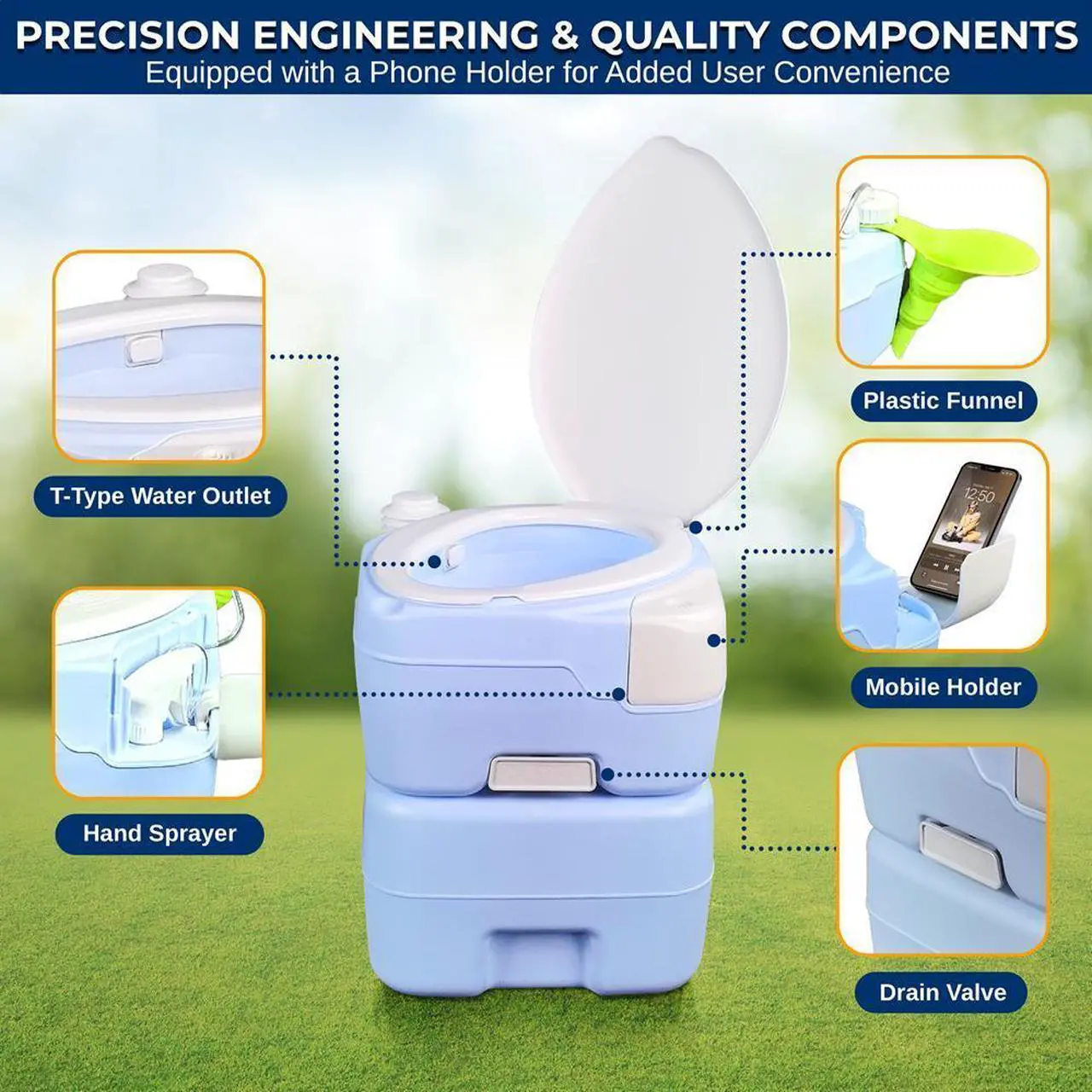 Alt view image 3 of 7 - SereneLife 20L Portable Toilet with Extra Large Seat, Hand Sprayer, Funnel & Phone Holder  Indoor/Outdoor Use (Moonwhite)