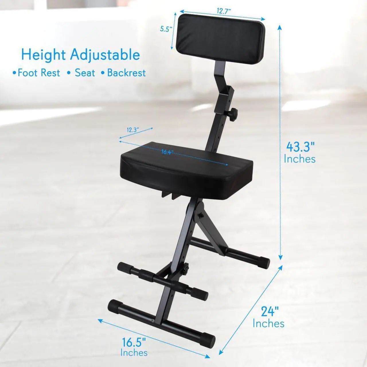 Alt view image 6 of 7 - Pyle Musician & Performer Chair Seat Stool  Adjustable Height Foot Rest, Seat & Backrest Cushion, Foldable Design