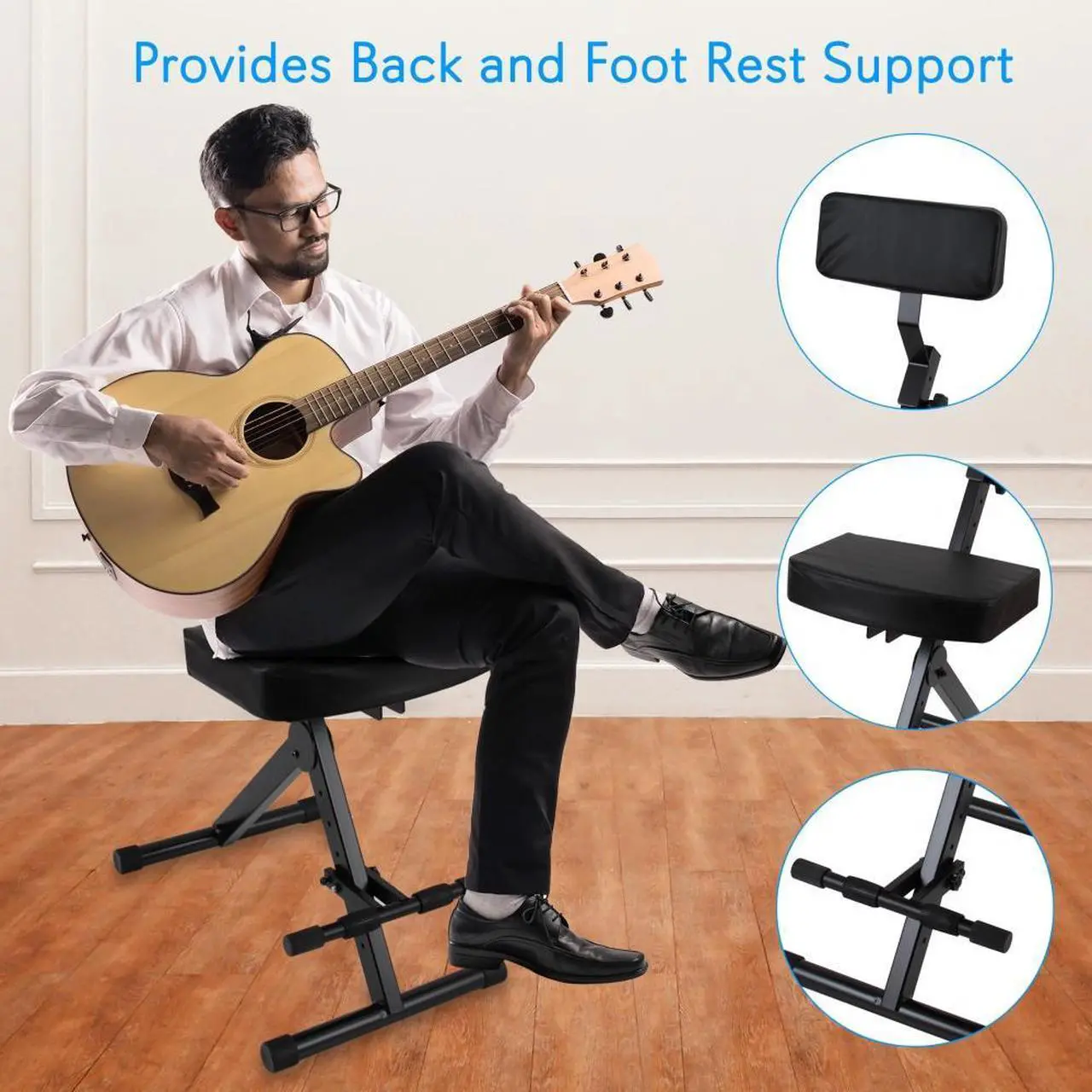 Alt view image 7 of 7 - Pyle Musician & Performer Chair Seat Stool  Adjustable Height Foot Rest, Seat & Backrest Cushion, Foldable Design