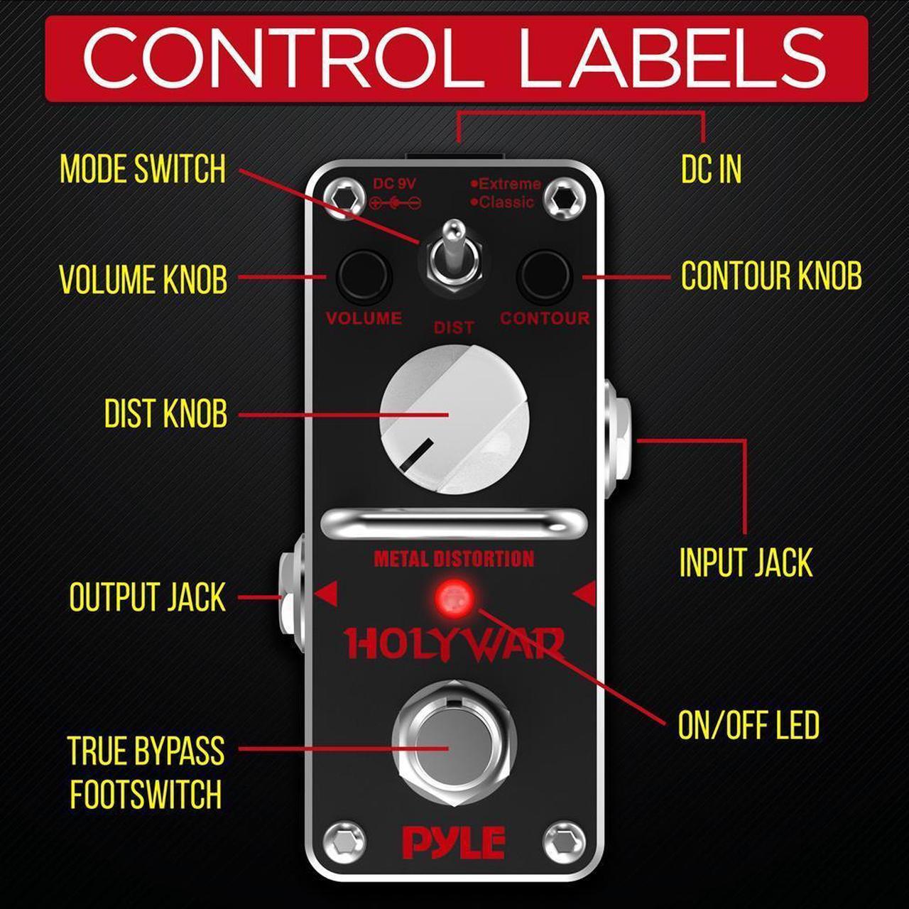 Alt view image 4 of 6 - Pyle Heavy Metal Guitar Distortion Pedal - 2 Modes (Extreme & Classic) with Tone & Volume Controls, LED Indicator