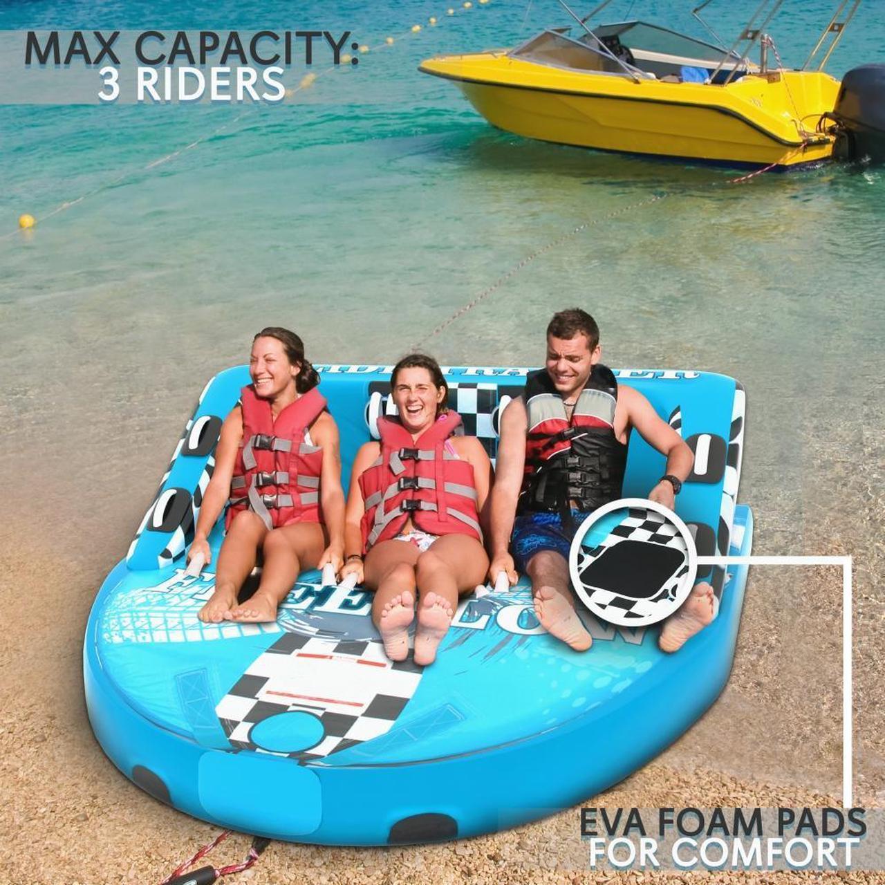 Alt view image 7 of 7 - SereneLife Inflatable Towable Tube for Boating, Front & Back Tow Points, EVA Foam Pads, Multiple Handles, 3 Rider Capacity