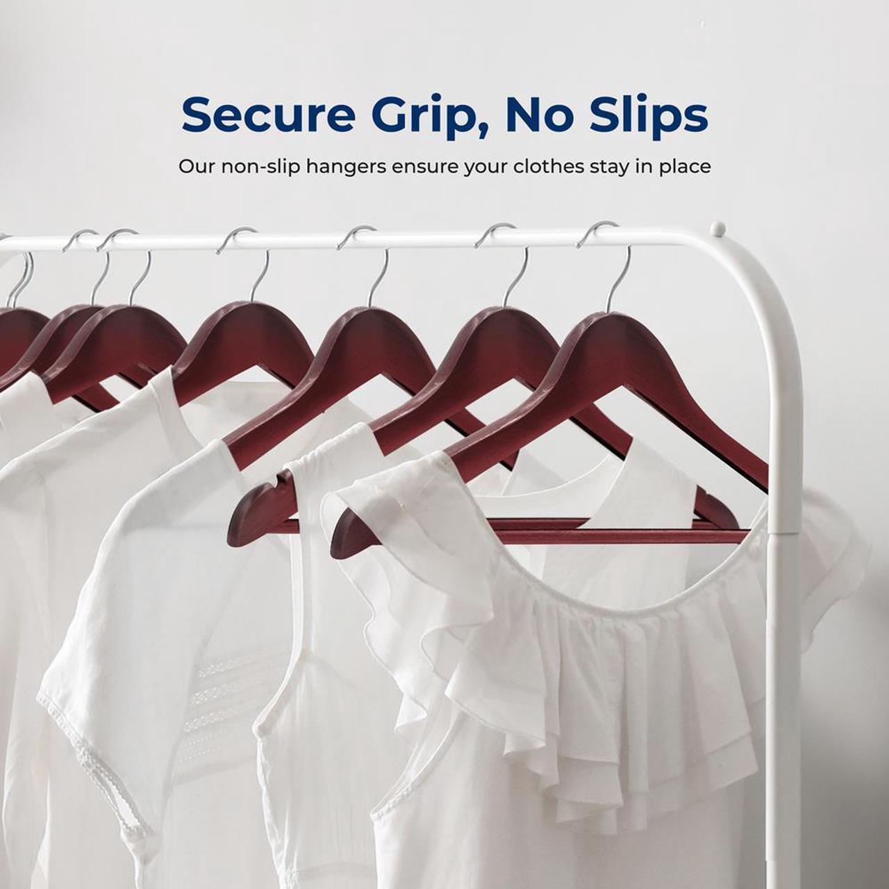 Alt view image 7 of 7 - SereneLife Wooden Hangers, Non-Slip Heavy Duty Suit Hanger Set, Chrome 360° Swivel Hook, Notches Design, 80 Pack, Cherry