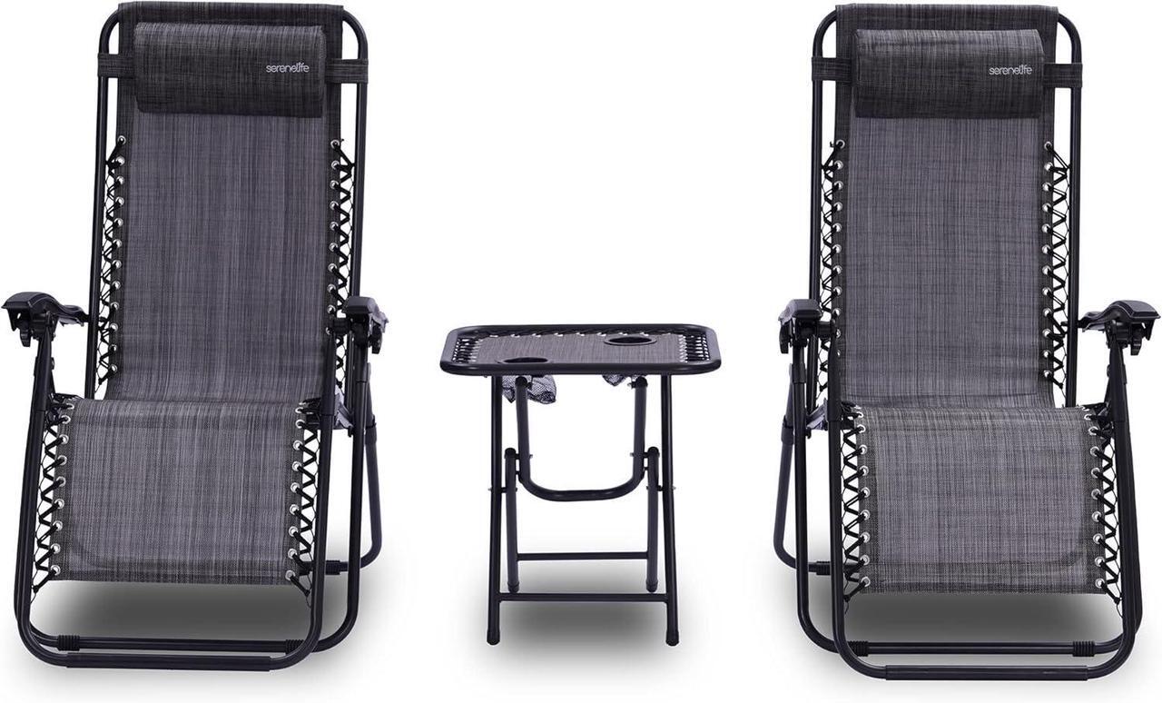 Main image of SereneLife Outdoor Adjustable Zero Gravity Lounge Chair Set with Side Table - Gray - 2-Pack, Padded Headrest, Cup Holders