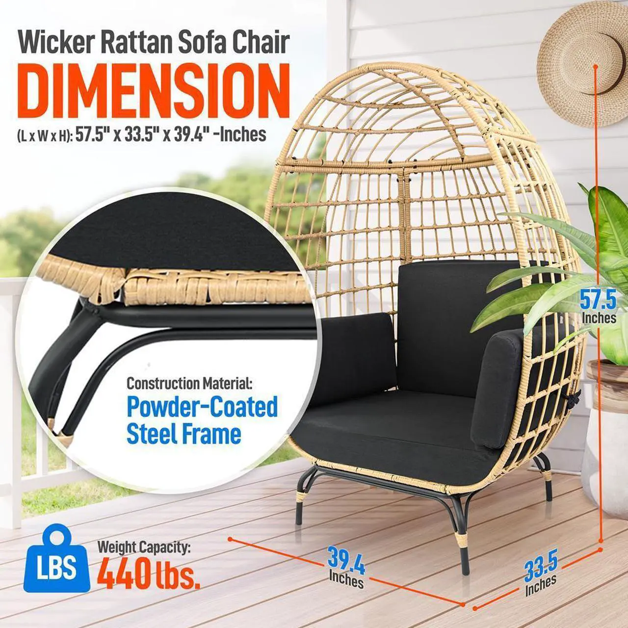 SereneLife Wicker Rattan Egg Chair - Thumbnail 5