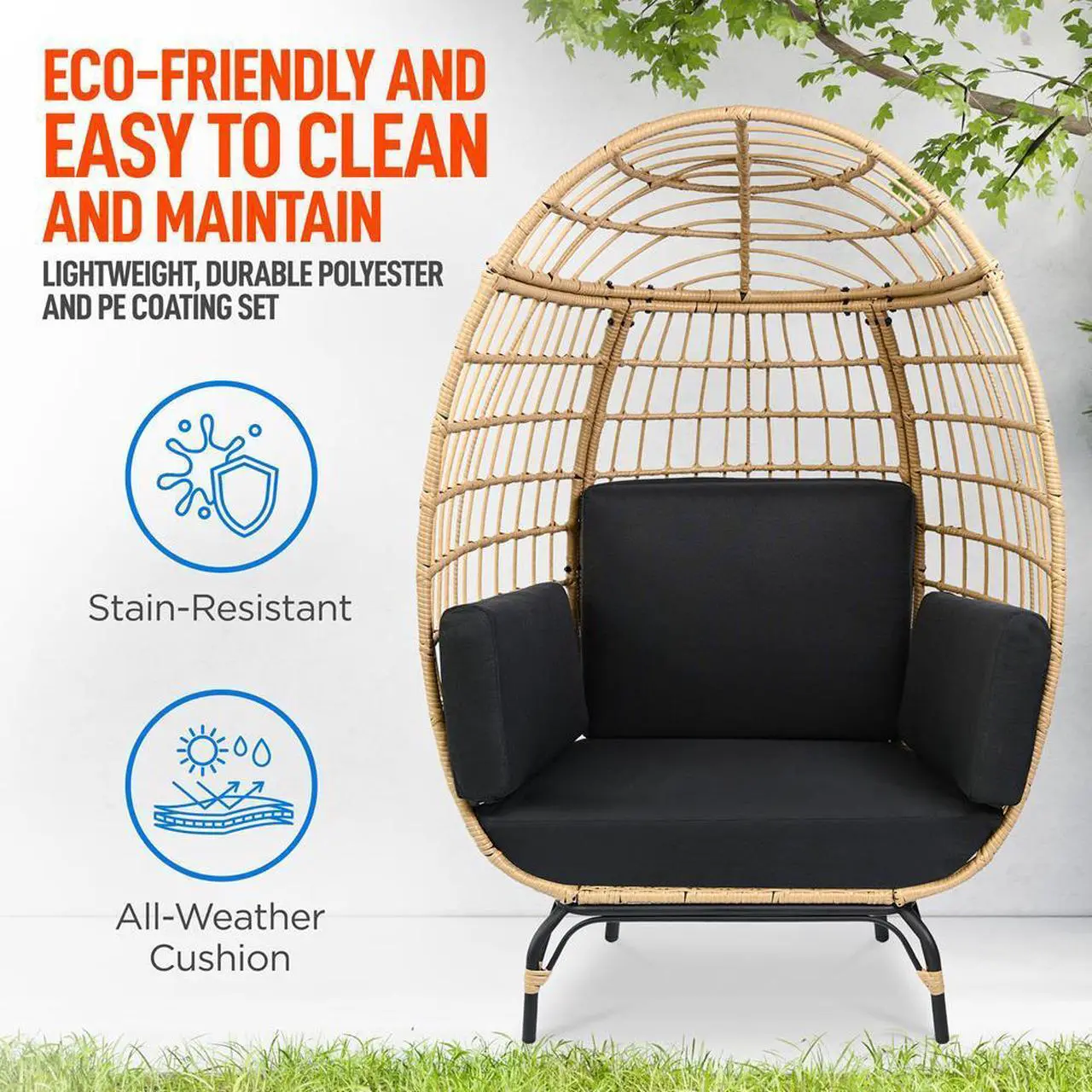 SereneLife Wicker Rattan Egg Chair - Thumbnail 4
