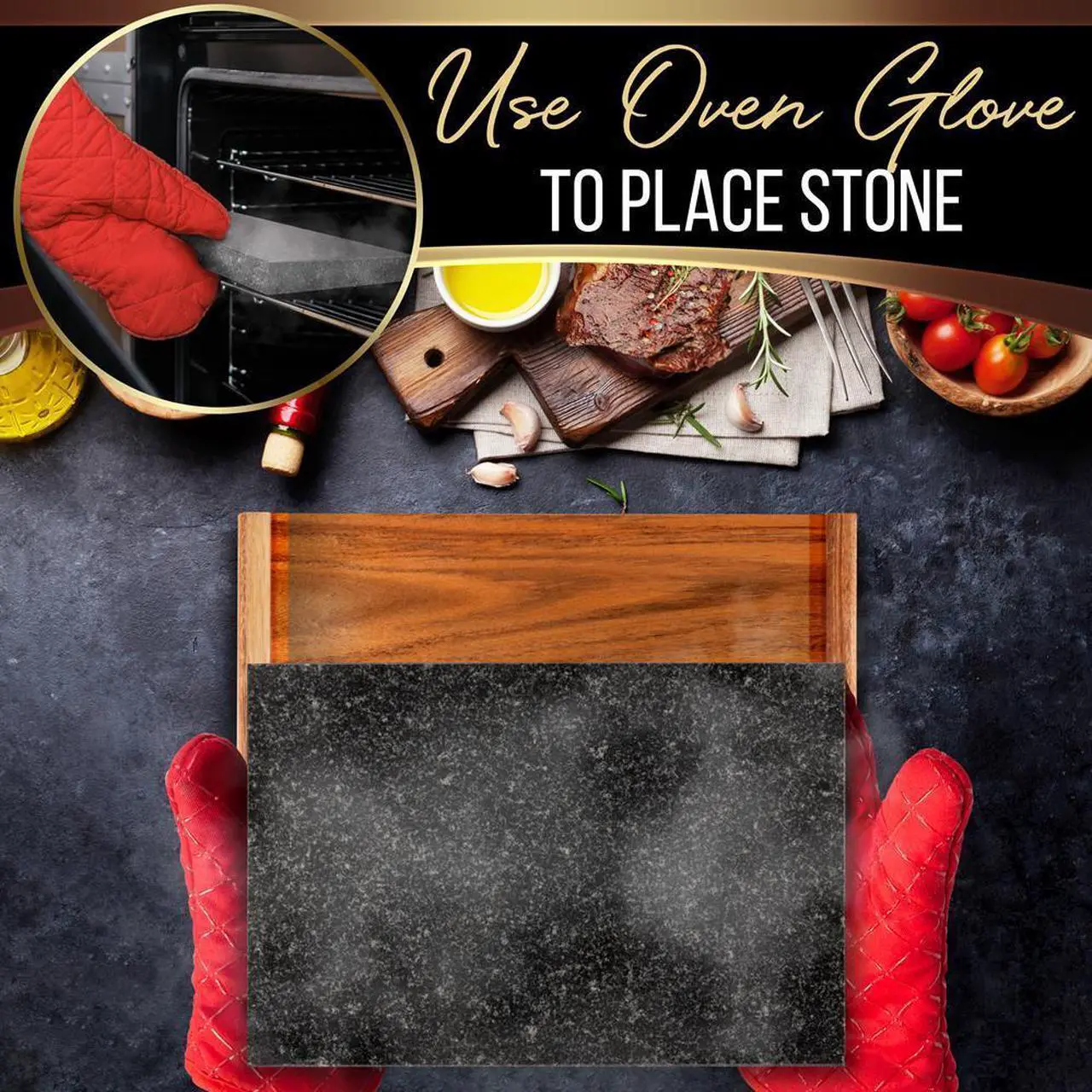 Alt view image 7 of 7 - NutriChef Natural Granite Stone Sizzling Steak Plate with Wooden Platter & Stainless Steel Knives - PKLVST41