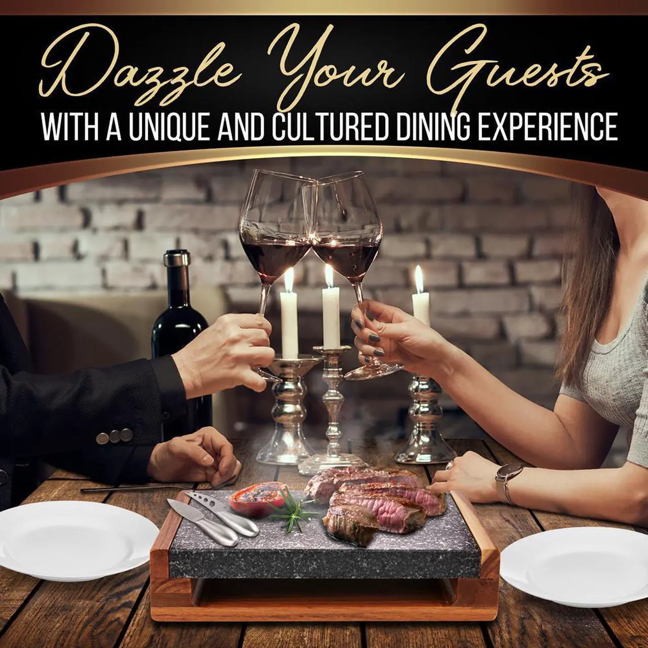 Alt view image 5 of 7 - NutriChef Natural Granite Stone Sizzling Steak Plate with Wooden Platter & Stainless Steel Knives - PKLVST41