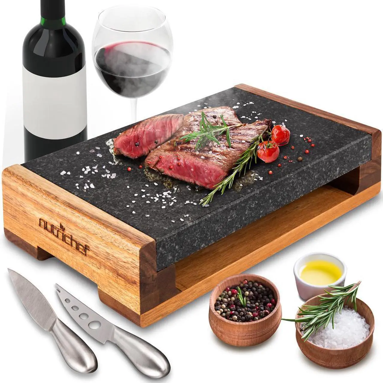 Main image of NutriChef Natural Granite Stone Sizzling Steak Plate with Wooden Platter & Stainless Steel Knives - PKLVST41