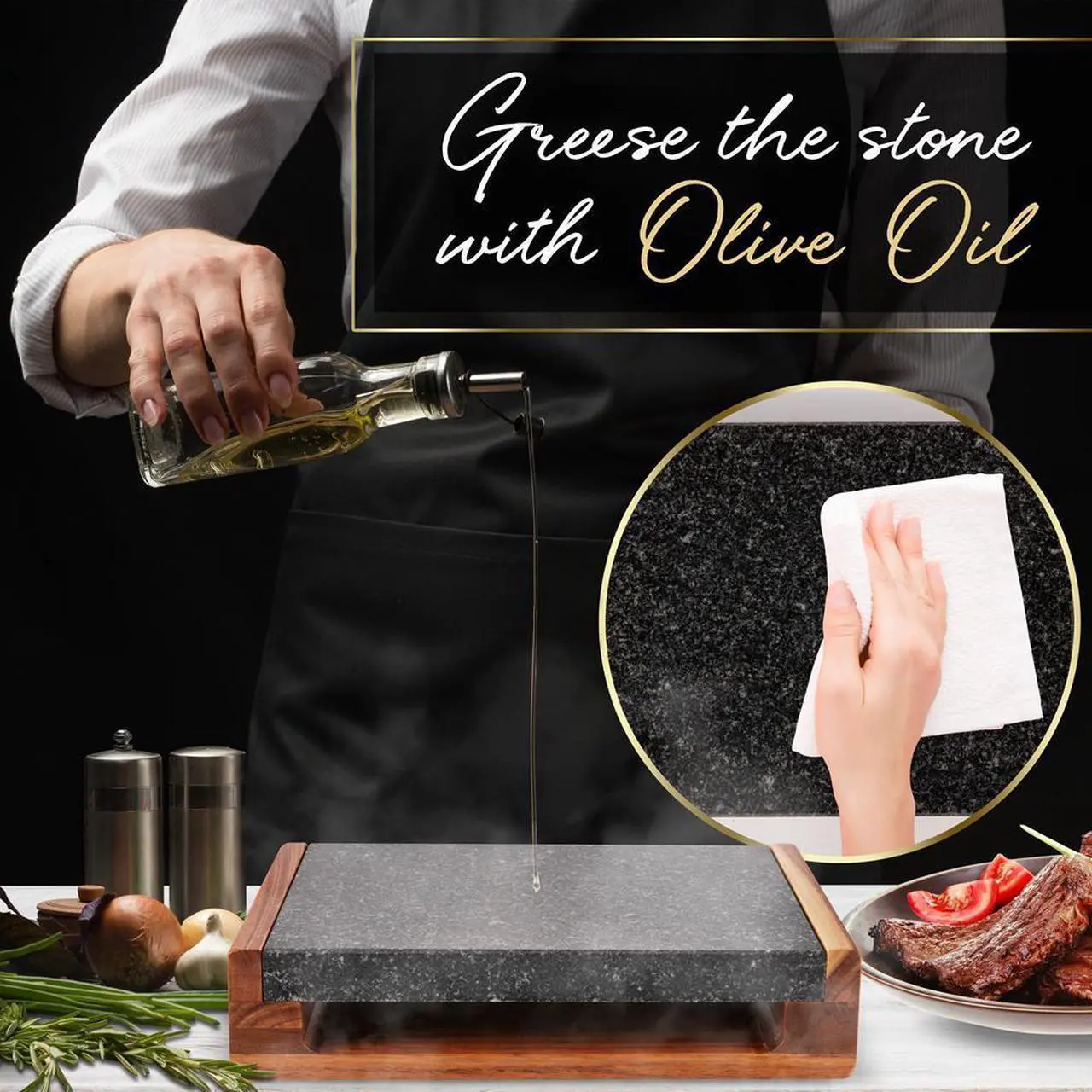 Alt view image 2 of 7 - NutriChef Natural Granite Stone Sizzling Steak Plate with Wooden Platter & Stainless Steel Knives - PKLVST41