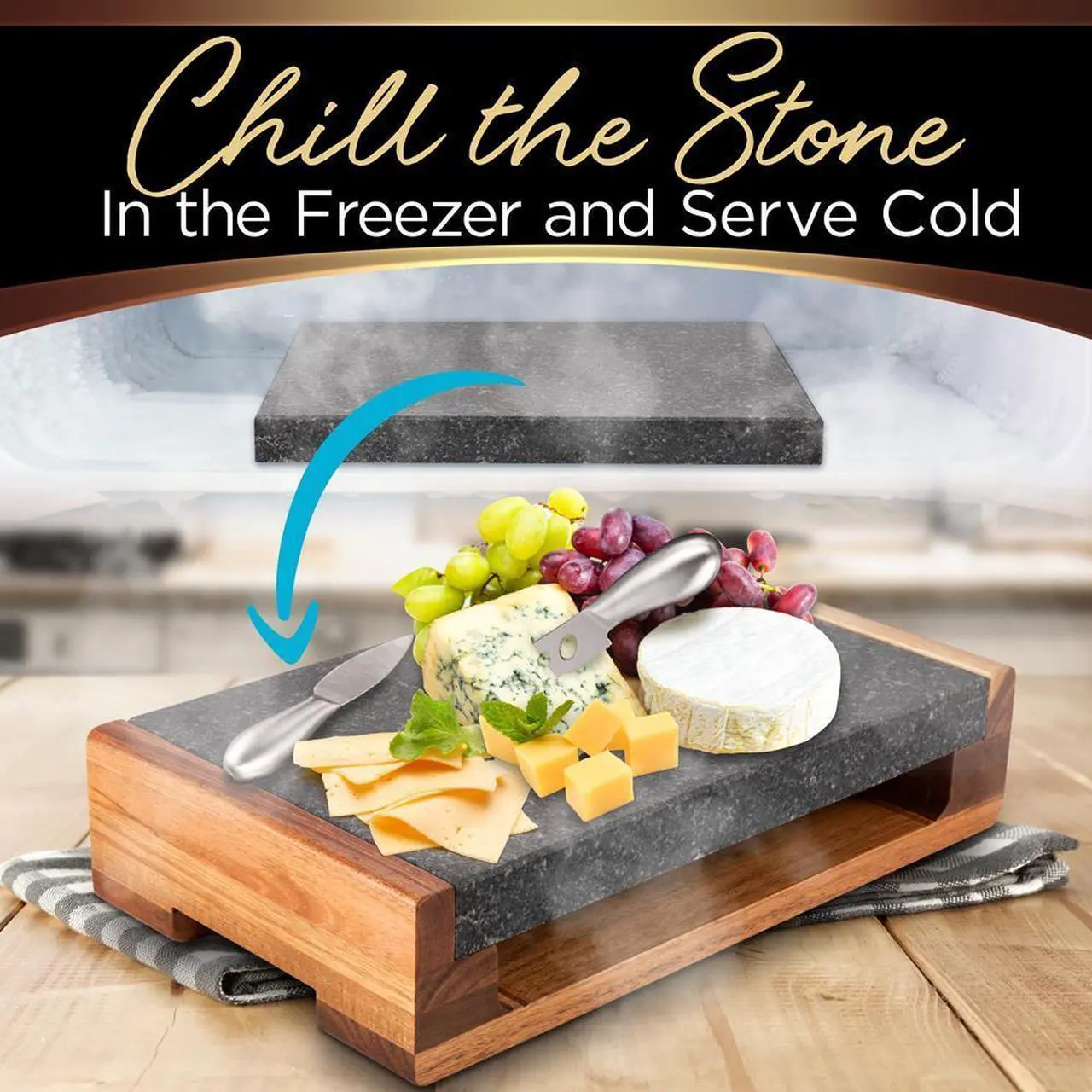 Alt view image 6 of 7 - NutriChef Natural Granite Stone Sizzling Steak Plate with Wooden Platter & Stainless Steel Knives - PKLVST41