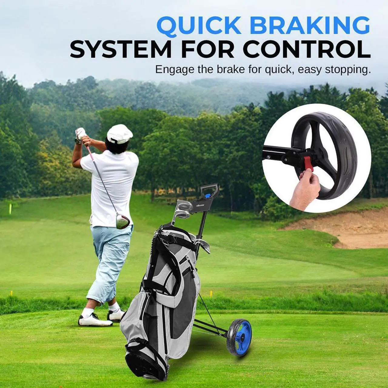 Alt view image 3 of 7 - SereneLife Foldable 2-Wheel Golf Push Cart with Aluminum Frame, Adjustable Handle & Elastic Strap - SLGZX3