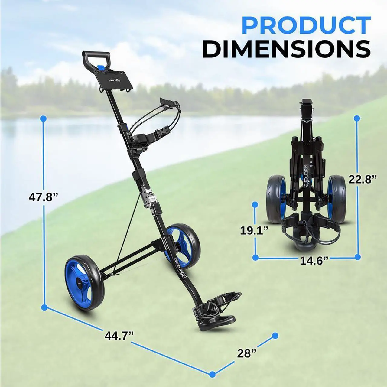 Alt view image 2 of 7 - SereneLife Foldable 2-Wheel Golf Push Cart with Aluminum Frame, Adjustable Handle & Elastic Strap - SLGZX3