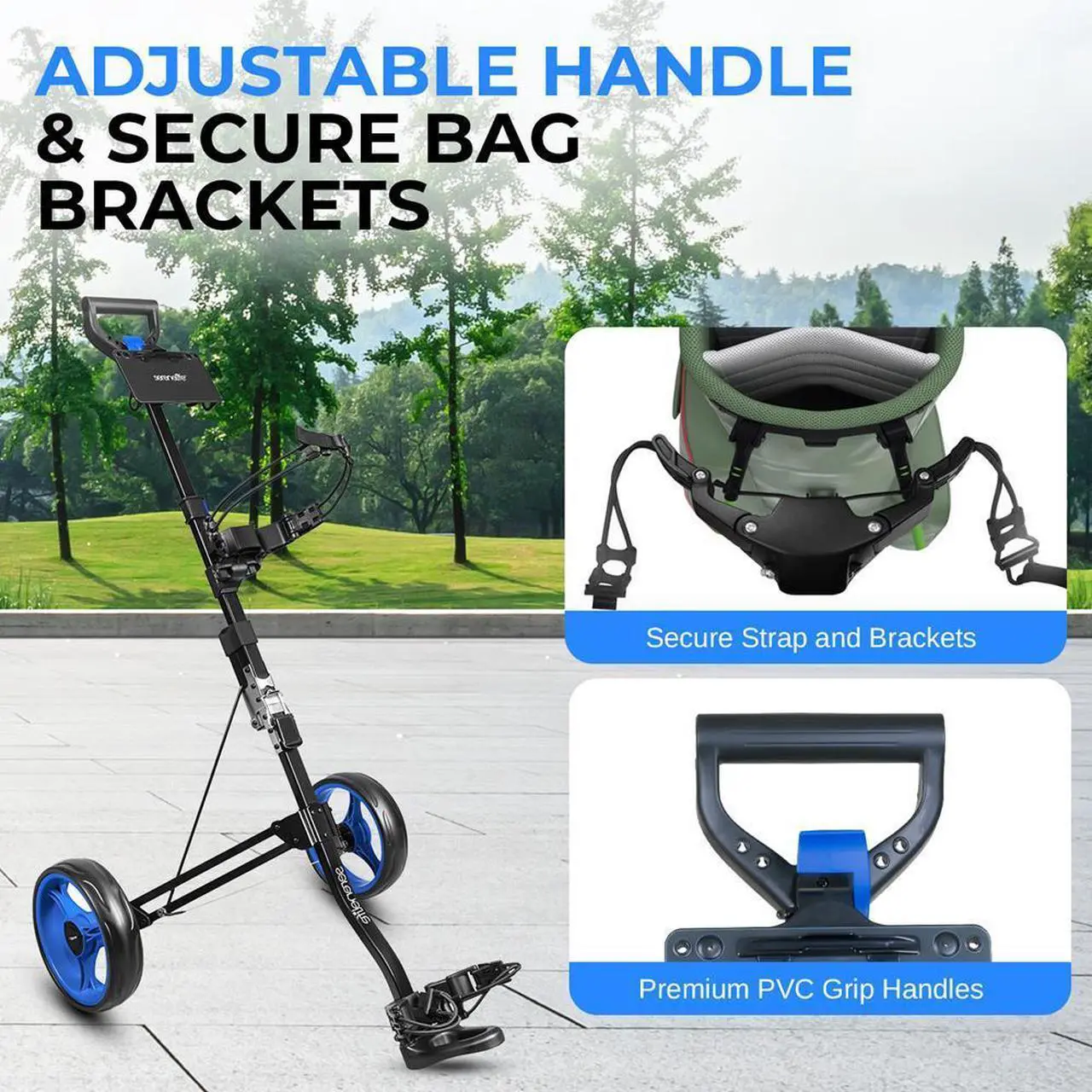 Alt view image 5 of 7 - SereneLife Foldable 2-Wheel Golf Push Cart with Aluminum Frame, Adjustable Handle & Elastic Strap - SLGZX3