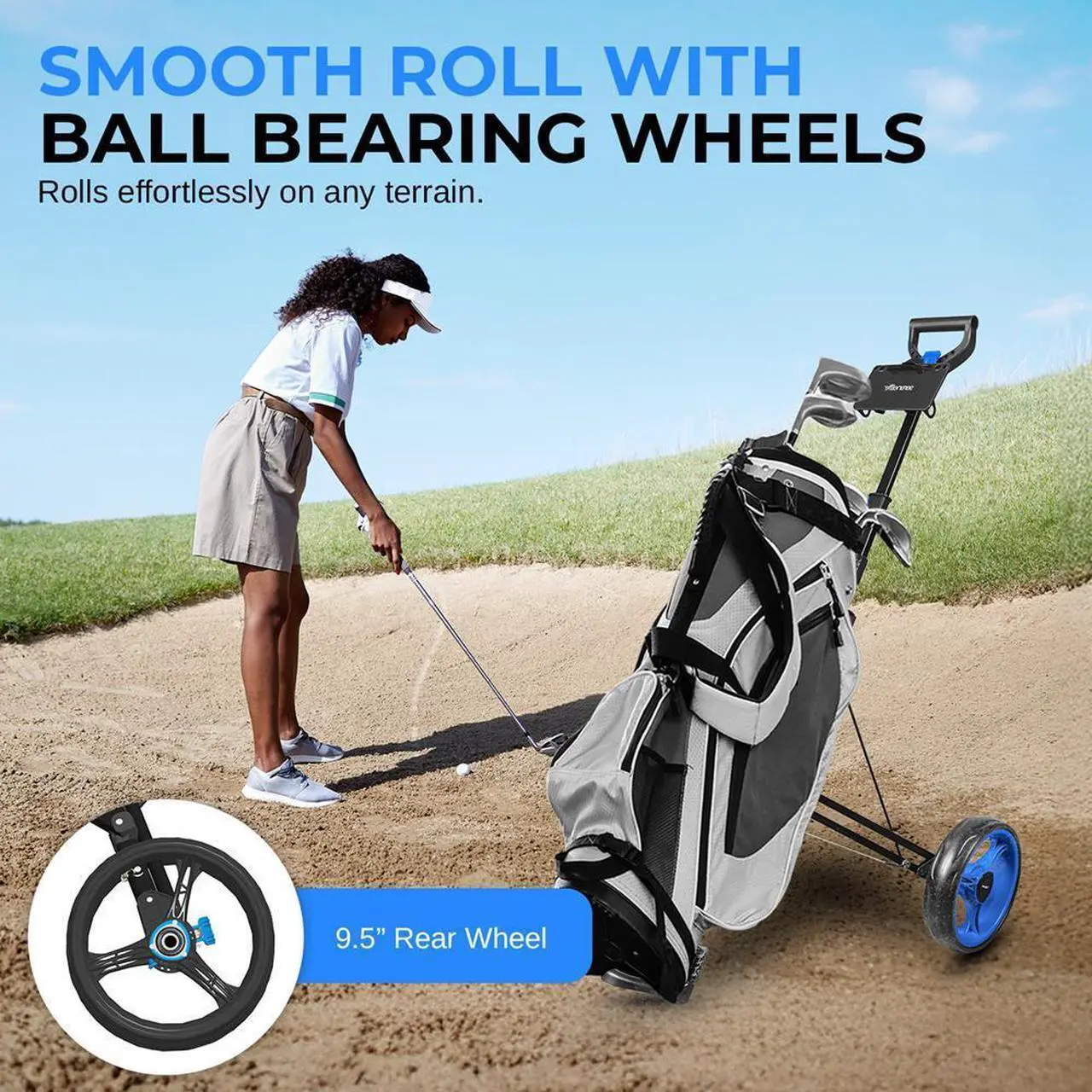 Alt view image 4 of 7 - SereneLife Foldable 2-Wheel Golf Push Cart with Aluminum Frame, Adjustable Handle & Elastic Strap - SLGZX3