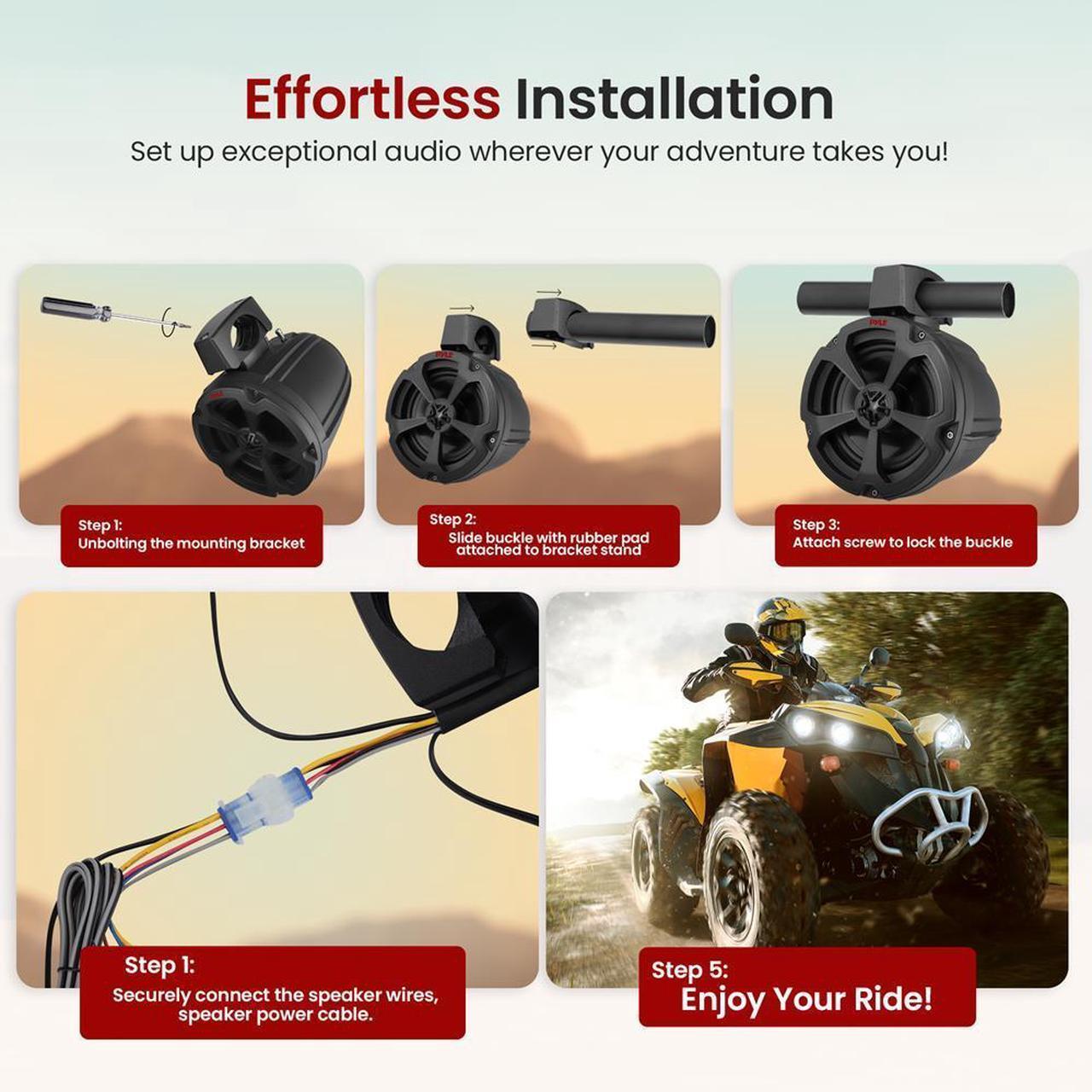 Alt view image 3 of 7 - Pyle 6.5'' Water-Resistant Marine/Off-Road Speakers + 2-Channel Amplifier + Wireless BT Controller PLUTV62CHK, 1200W, for ATV, UTV, Boat, & Watercraft