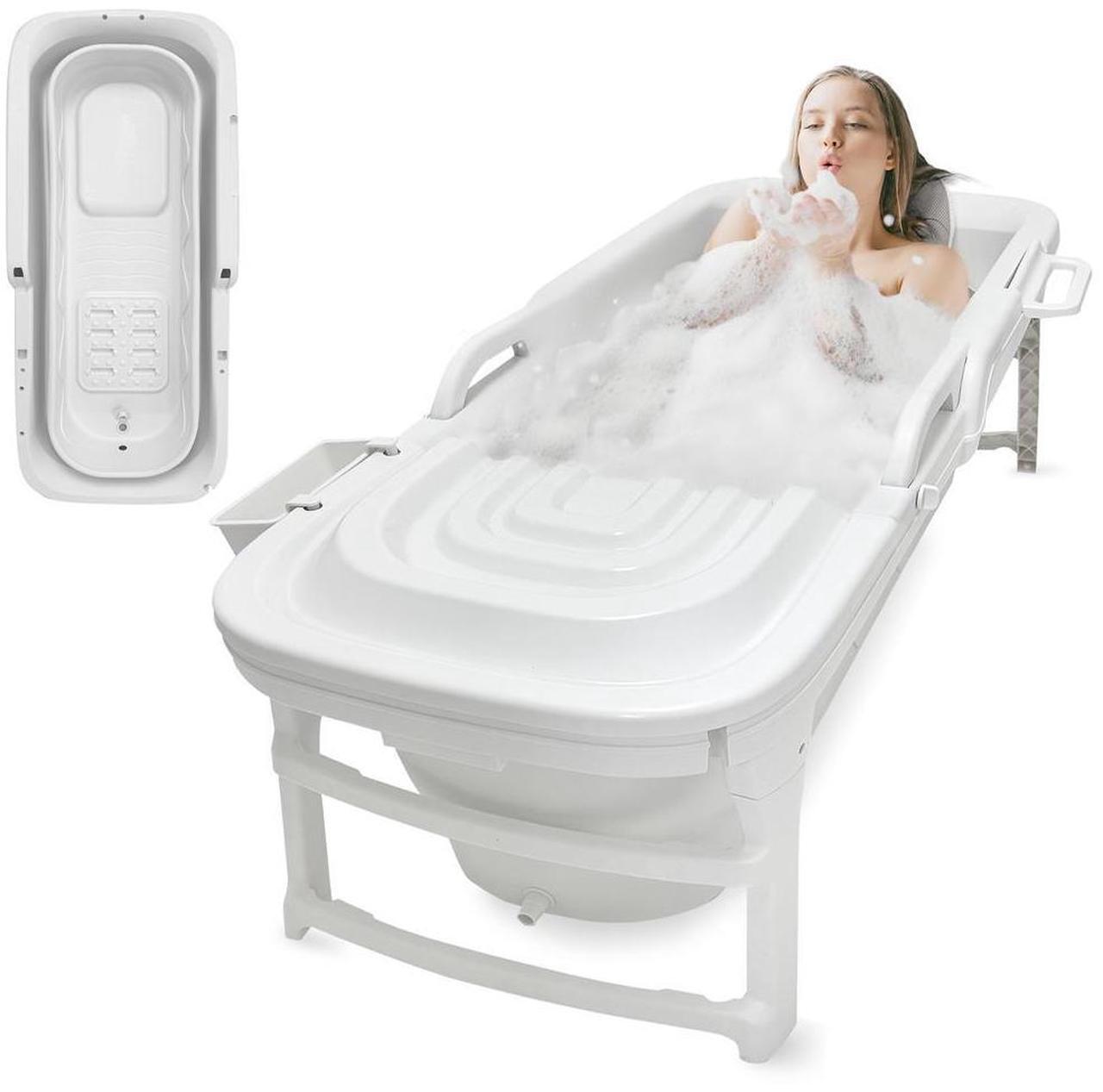 Main image of SereneLife 1.5M Foldable Bathtub Set  Includes Lid, Tray, Bag, Drainage Pipe, Bath Cushion & White Spray for Indoor/Outdoor Use (White)